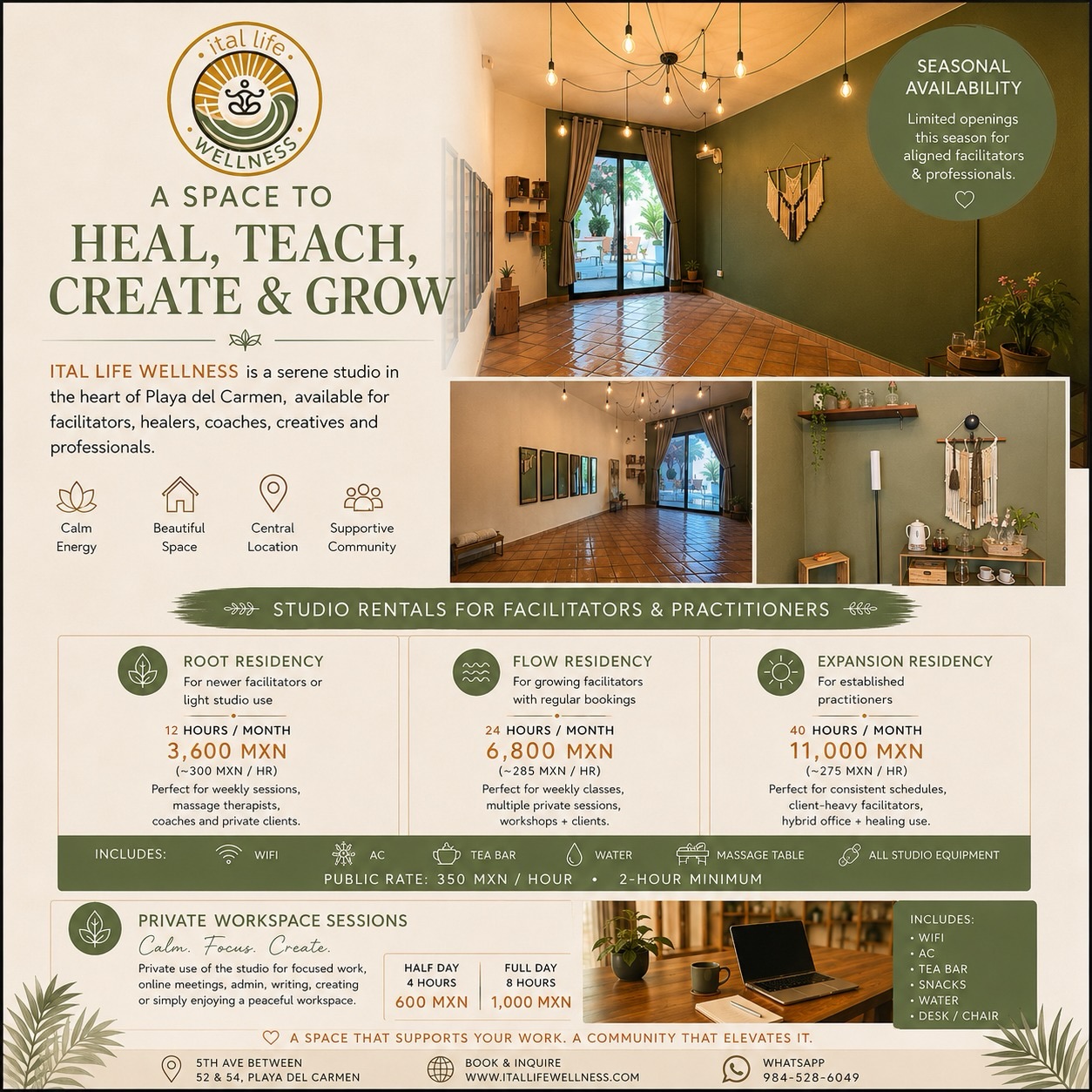 🌿✨ A Space to Heal, Teach, Create & Grow ✨🌿
Calling all yoga teachers, wellness facilitators, healers, coaches, creatives & conscious professionals in Playa del Carmen 💛
At Ital Life Wellness, we’ve created more than just a studio… we’ve created a peaceful space for aligned people to build, serve, create, and grow within community.
🌱 Studio Residencies Available
Perfect for:
🧘🏾 Yoga & movement classes
💆🏾 Massage & healing sessions
🎤 Workshops & circles
💻 Coaching, creative work & private clients
✨ Studio Features Include:
• Wifi
• AC
• Tea Bar
• Water
• Massage Table
• Studio Equipment
• Desk/chair
• Calm, welcoming atmosphere
🌿 Flexible monthly residency options available
🌿 Private workspace sessions also available for focused work days
📍 5th Ave between Calle 52 & 54, Playa del Carmen
✨ Limited seasonal availability for aligned facilitators & professionals.
📲 Book & inquire:
🌐 www.itallifewellness.com
📞 WhatsApp: 984-528-6049
Let your work grow in a space that supports your energy. 💛
#PlayaDelCarmenWellness #playadelcarmen #HealingSpace #WellnessStudio #CoworkingPlaya