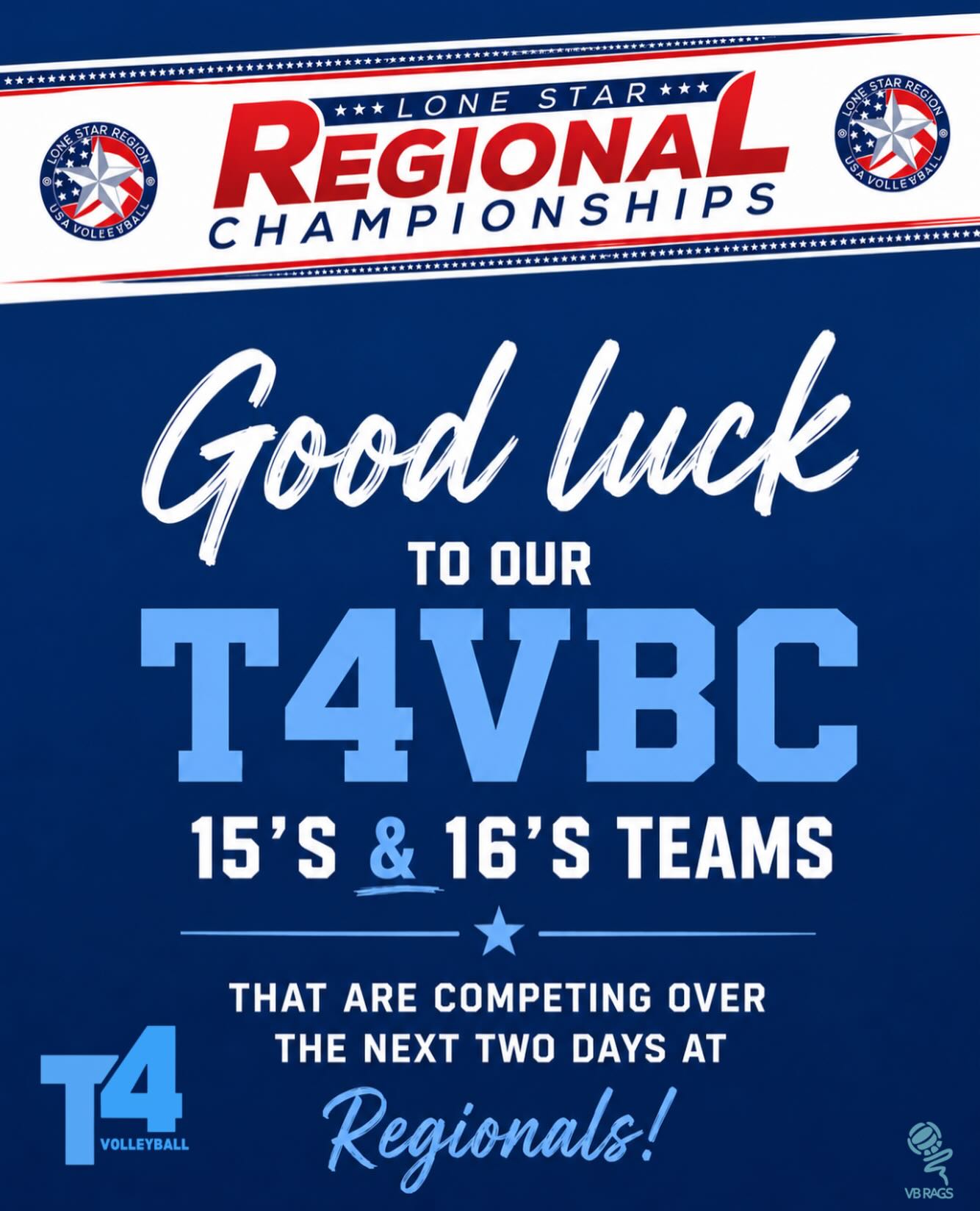 Good luck to our 15’s & 16’s teams competing this weekend at Lone Star Regionals! Compete with confidence! 💙🩵
#T4 #T4VBC #T4Volleyball