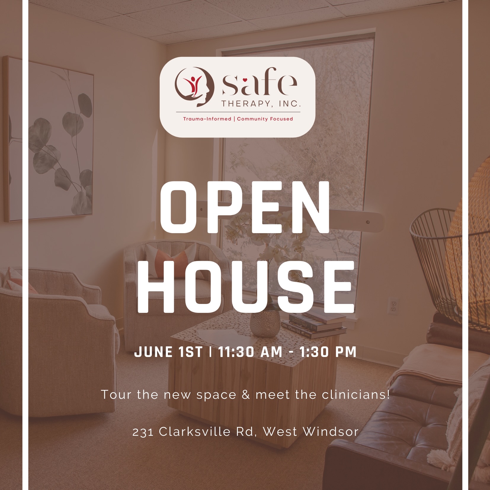 You’re invited!! We are so excited to welcome you into our new space, with the same warm and inviting environment you all know and love. Lunch will be served, and you’ll have the opportunity to tour the space and meet our clinicians! We look forward to seeing you there🤍
Need support on your healing journey? We’re here to help. 💬 Send us an email: intake@safe-therapy.org or call us at 609-359-2266 to get started.
#mentalhealthawareness #safeplace #therapy #newlocation #westwindsornj