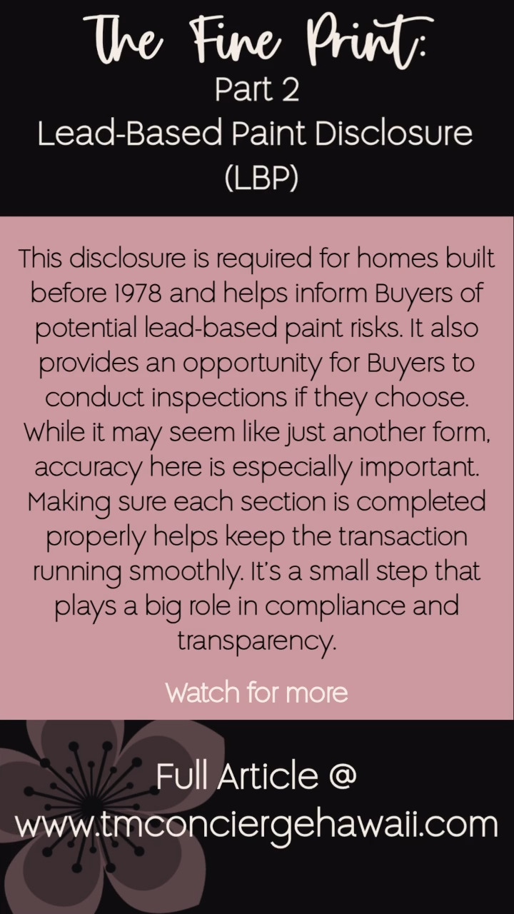 This one isn’t optional—it’s federal law.
One missing initial or incomplete section could lead to serious consequences.
And one rule you never want to break:
🚫 Seller completes first. Buyer signs after.
📌 Accuracy here isn’t just important—it’s critical.
#LeadBasedPaint #RealEstateCompliance #AgentTips #RealEstateForms #TransactionCoordinator #RiskManagement #HawaiiRealEstate #TMConcierge #ComplianceMatters #AgentEducation