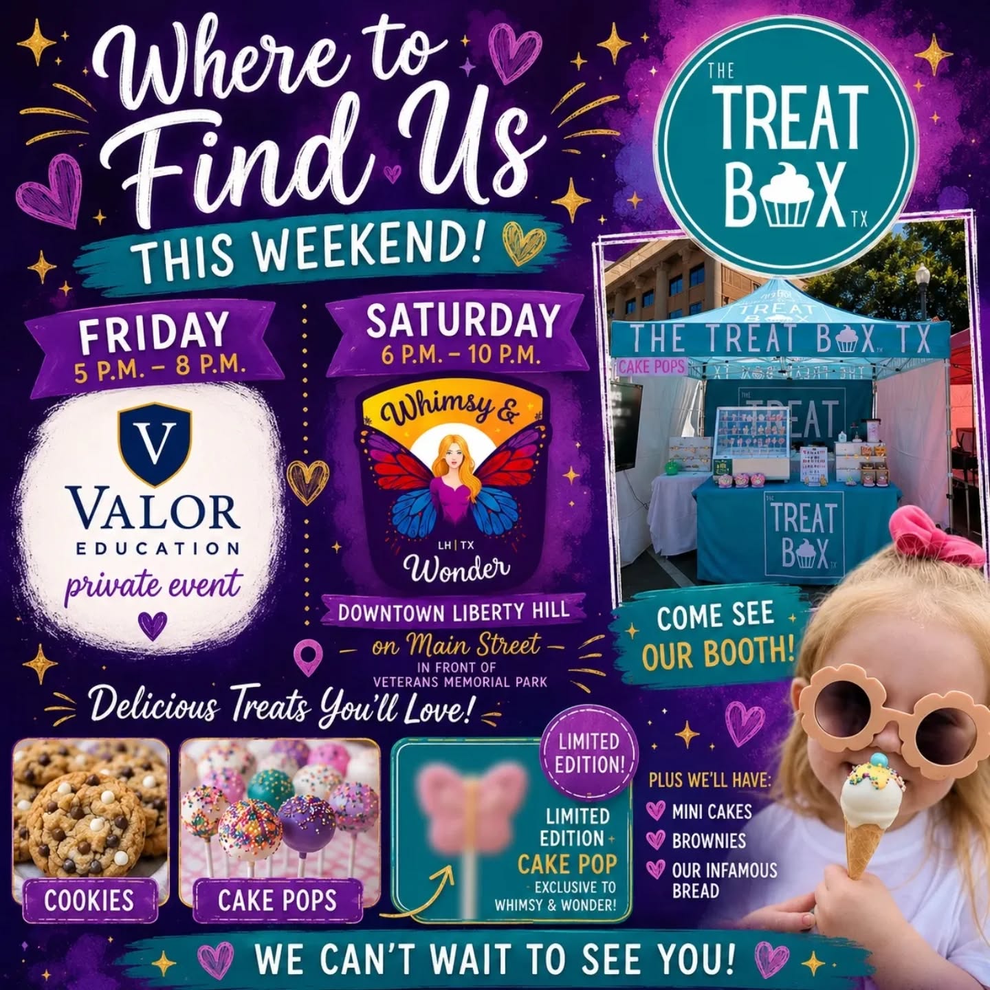 Sweet treats + fun weekend vibes! 💜✨
Find us Friday at Valor Education Leander and Saturday night at Whimsy & Wonder in Downtown Liberty Hill! Come see our booth for cookies, cake pops, mini cakes, brownies, and our infamous bread!
Plus… a LIMITED EDITION cake pop you won’t want to miss 👀🦋