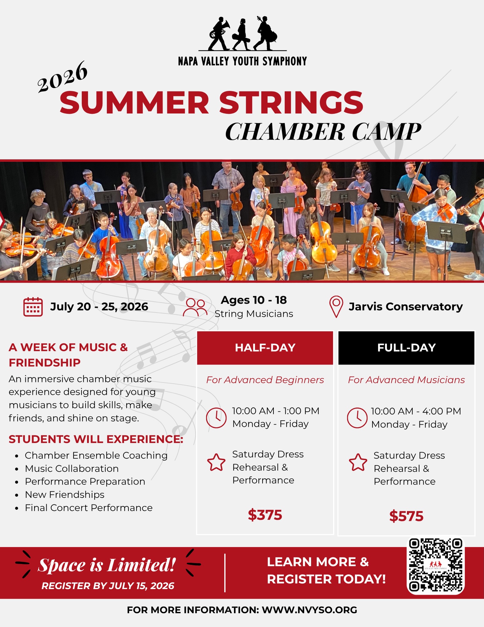 Sign up for NVYS Summer Strings Chamber Camp 2026!
A week of music, collaboration, friendship, and performance for string musicians ages 10–18.
📅 July 20–25, 2026
📍 Jarvis Conservatory
🎶 Half-Day & Full-Day options available
Students will build skills, play in chamber ensembles, make new friends, and perform in a final concert!
⚠️ Space is limited — register by July 15.
🔗 www.nvyso.org
#NVYS #SummerStrings #YouthOrchestra #StringMusicians #MusicCamp