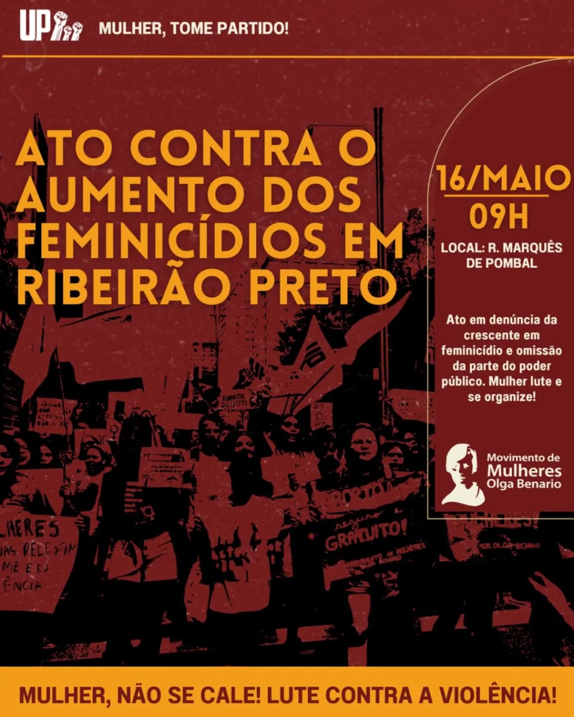 Cada dia mais os feminicidios e a violência contra a mulher aumentam em Ribeirão Preto e região, fruto desse sistema capitalista que se apoia no machismo e na exploração dupla e tripla sobre as mulheres, em especial nas periferias das grandes cidades.
Diante disso o @movimentoolga.sp está convocando um ato para o dia 16/05, sábado, as 09h, no bairro do Campos Elíseos, na Praça Rômulo Morandi e nós do Memorial da Resistência Madre Maurina Borges apoiamos essa luta!
Se junte a luta das mulheres por suas vidas, pelo fim da violência de gênero e pelo socialismo!