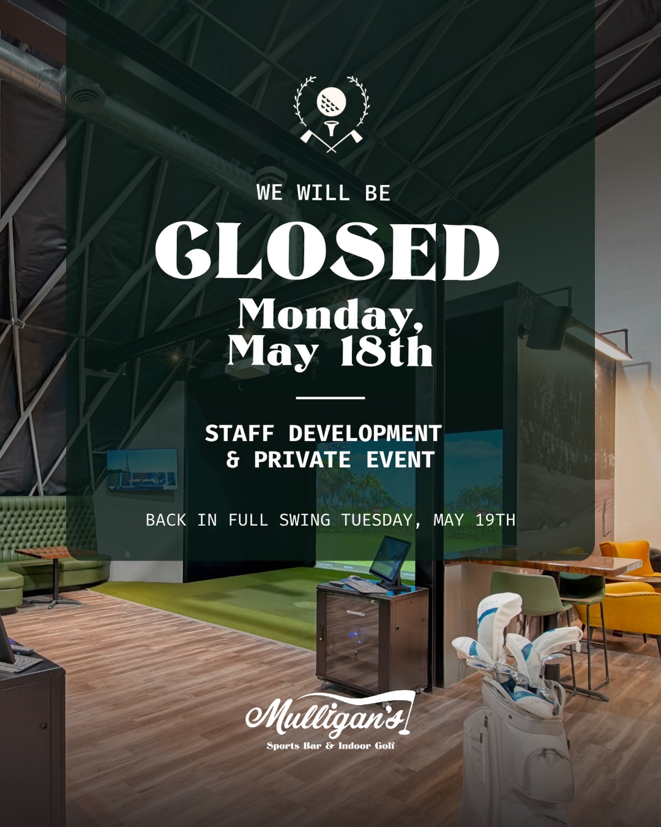 ⛳ Heads up, Mulligans fam!
We’ll be closed this Monday, May 18th for a staff development day and a private event.
We’ll be back and better than ever on Tuesday, May 19th!
#Mulligans #IndoorGolf #Visalia #CentralValley #SportsBar