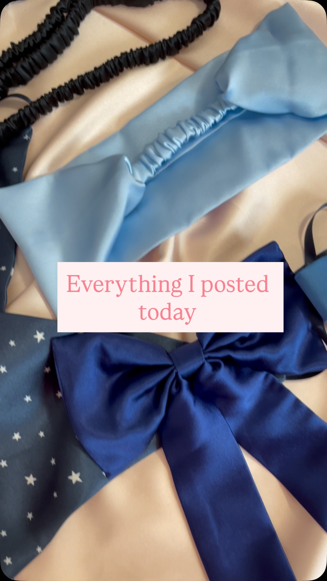 Everything I posted today! I honestly can’t remember filming one of these since we moved which was last summer so it’s definitely been a while… Also please excuse my croaky voice, I’m on the tail end of a cough.
And now I need to go start sewing to restock some pieces!
Video description- Jo talks about each product laid on a pink silk background ready to be packed and posted starting with a navy blue silk triangle headscarf with white star and moon print, two black silk covered elastic headbands, a pale blue silk headband, navy blue silk hair bow, mid blue silk ribbon, mini red and white gingham print scrunchie, a black scrunchie and hair elastic on a pink Mille Saisons branded drawstring bag, a folded navy silk pillowcase with ribbon tie detail and a pink silk choker with gold toned bow charm