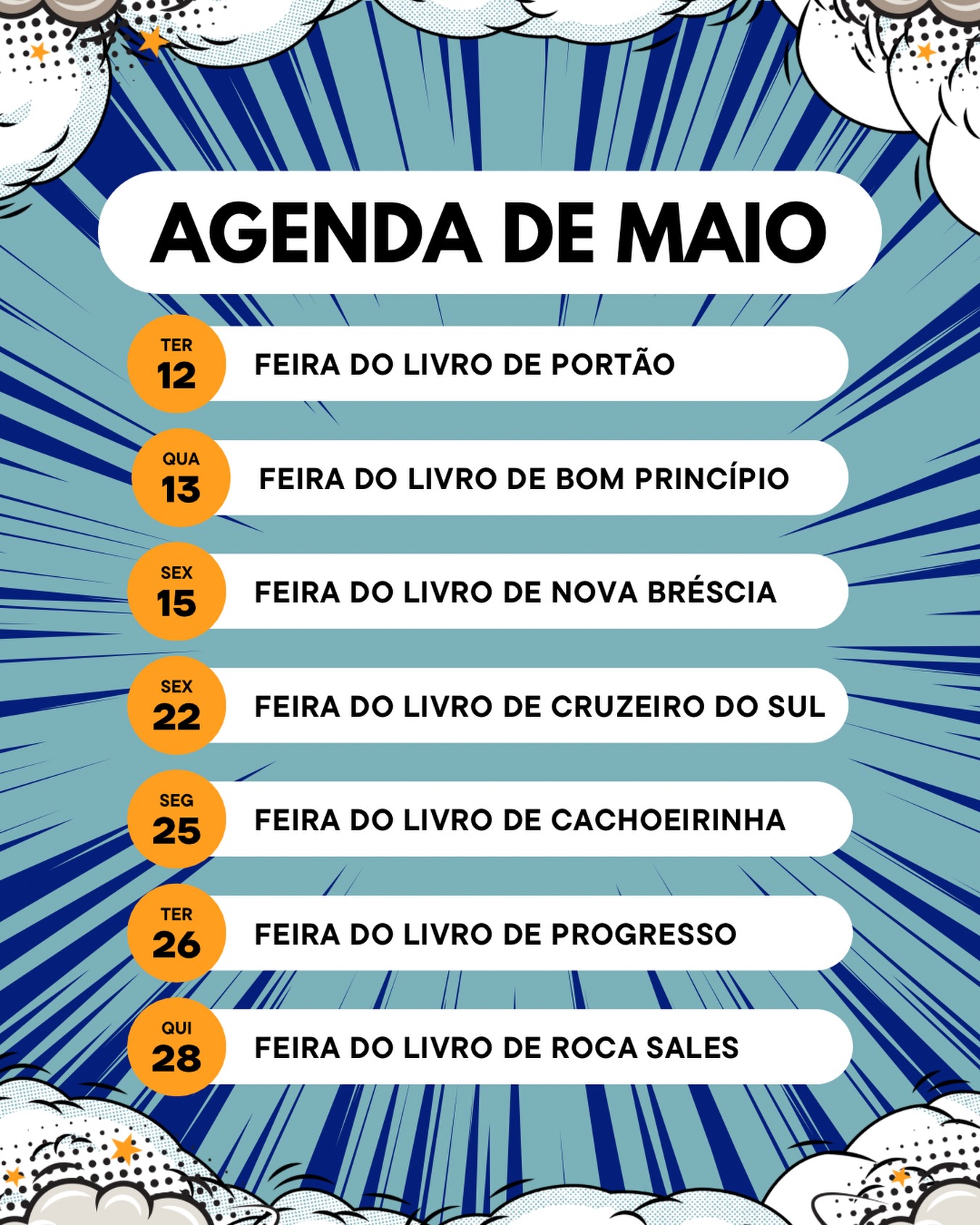 Felizão com o mês de maio de agenda cheia 🤩
E estes são só os eventos abertos ao público, pois também estarei presente em escolas, instituições e feiras temáticas!
Vejo vocês por aí para embarcarmos em grandes aventuras!