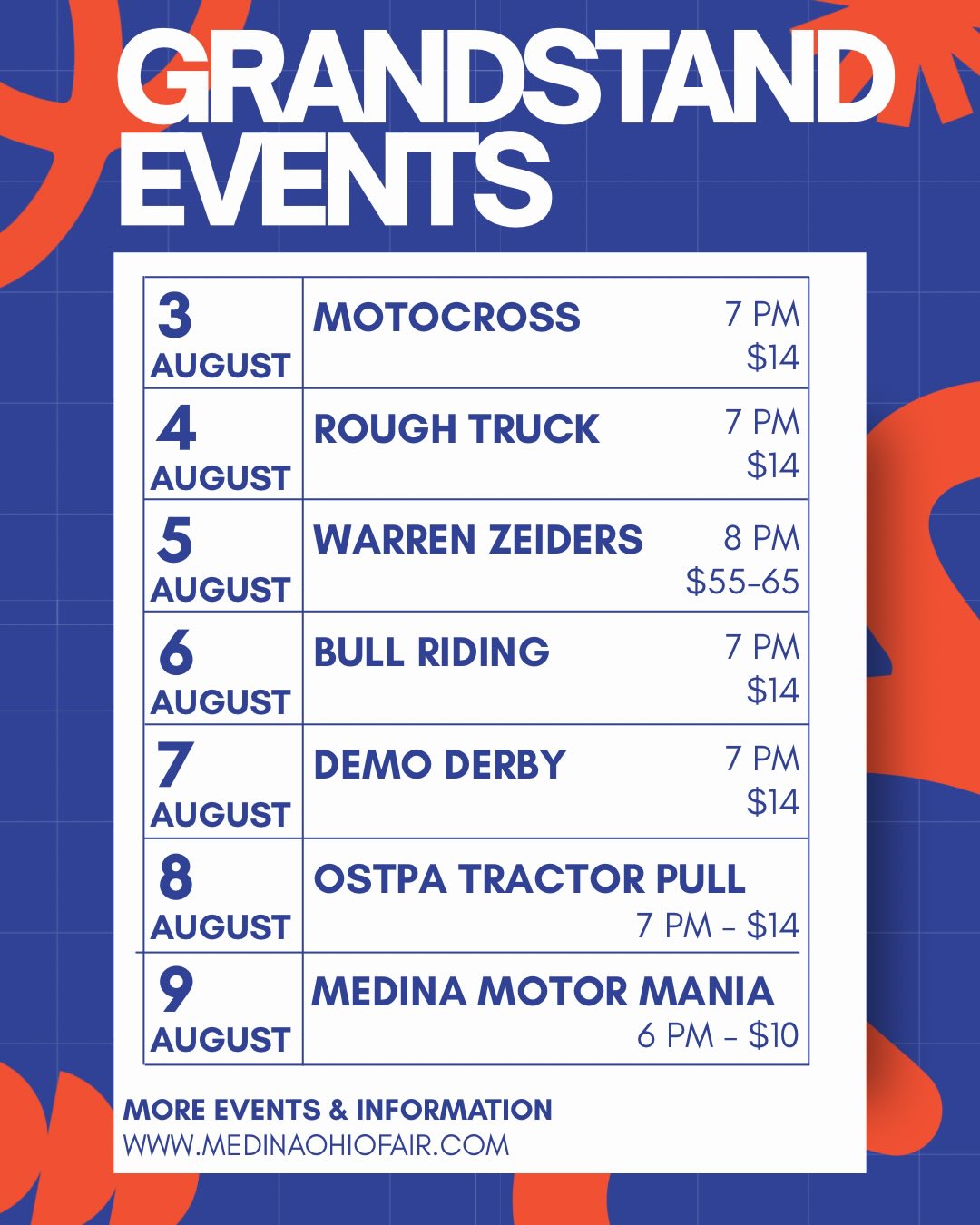 🚨 Set your alarms! 🚨
Grandstand tickets go on sale Monday, May 18 at 9:00 a.m. 🎫
Don’t wait — grab your tickets as soon as they drop!
🔸 Grandstand tickets DO NOT include fair admission.
🔸 Ages 2 & up must have a ticket for all grandstand events.
➡️ Purchase tickets only at: www.medinaohiofair.com
(Our official fair website is the ONLY place to purchase fair admissions and grandstand tickets online.)
