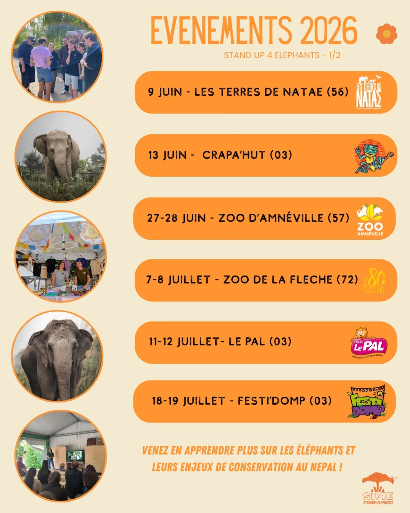 🇫🇷 Cet été, Stand Up 4 Elephants vient à votre rencontre !
Nos événements en France arrivent très vite 🧡
Conférences, stands, échanges… venez découvrir les éléphants que nous protégeons au Népal et les enjeux de leur conservation.
📅 Regardez le programme, notez les dates dans votre agenda et venez nous rencontrer !
Nous avons hâte d’échanger avec vous 💬🐘
🇬🇧 This summer, Stand Up 4 Elephants is coming to meet you!
Our events in France are just around the corner 🧡
Talks, stands, and discussions — come learn about the elephants we protect in Nepal and the challenges of their conservation.
📅 Check the schedule, save the dates, and come meet us!
We can’t wait to connect with you 💬🐘