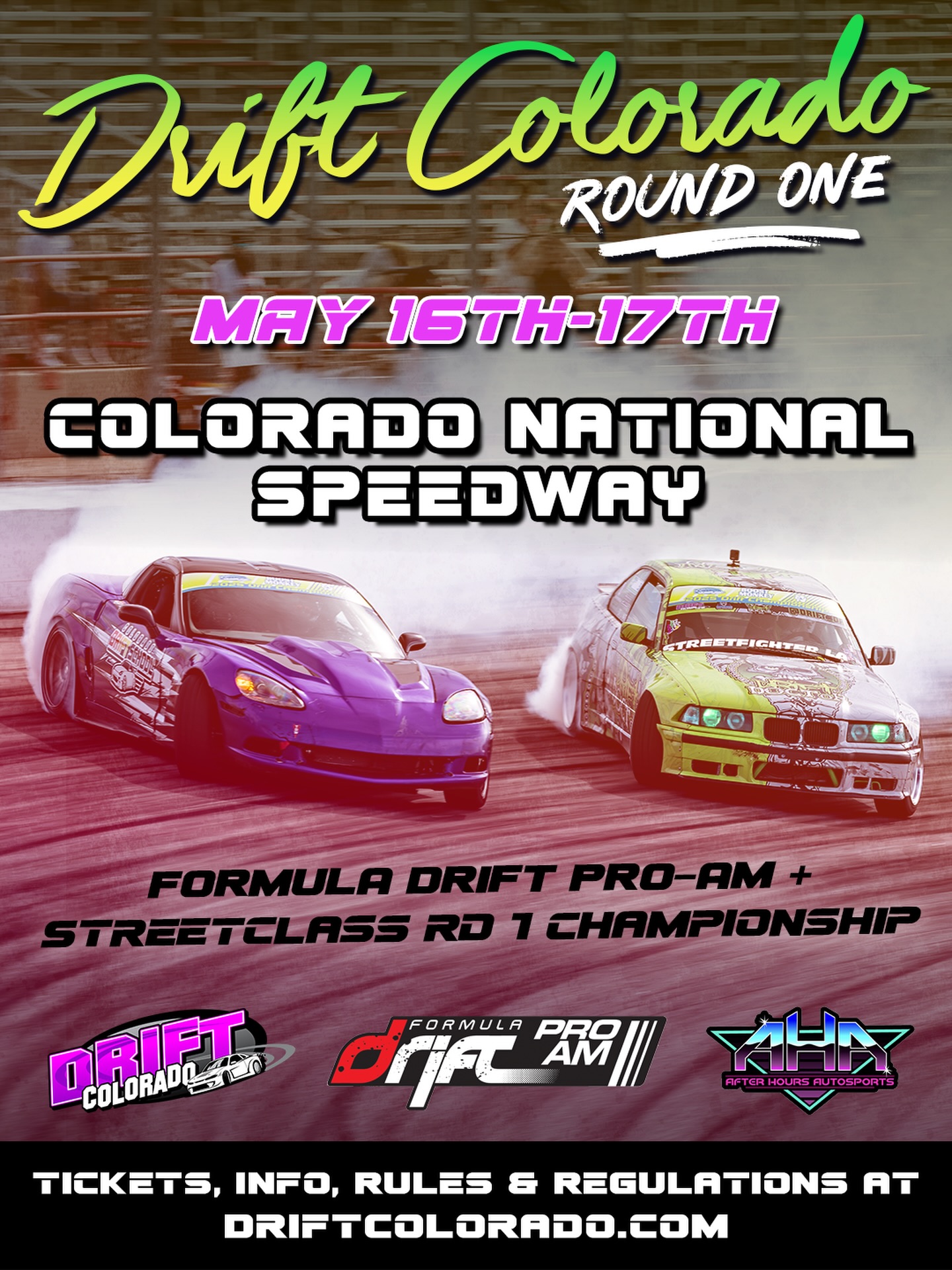 Drift Colorado Round 1 kicks off THIS WEEKEND at Colorado National Speedway!
The action starts Saturday, with Formula Drift PRO-AM competition under the lights, and continues Sunday with the opening of our 2026 Street Class Championship.
See the full weekend schedule + get driver and Friday/Sunday spectator tickets at DriftColorado.com!
*Saturday spectator tickets must be purchased online or in person through Colorado National Speedway.
#driftcolorado #driftseason2026 #formuladrift #drifting #coloradonationalspeedway