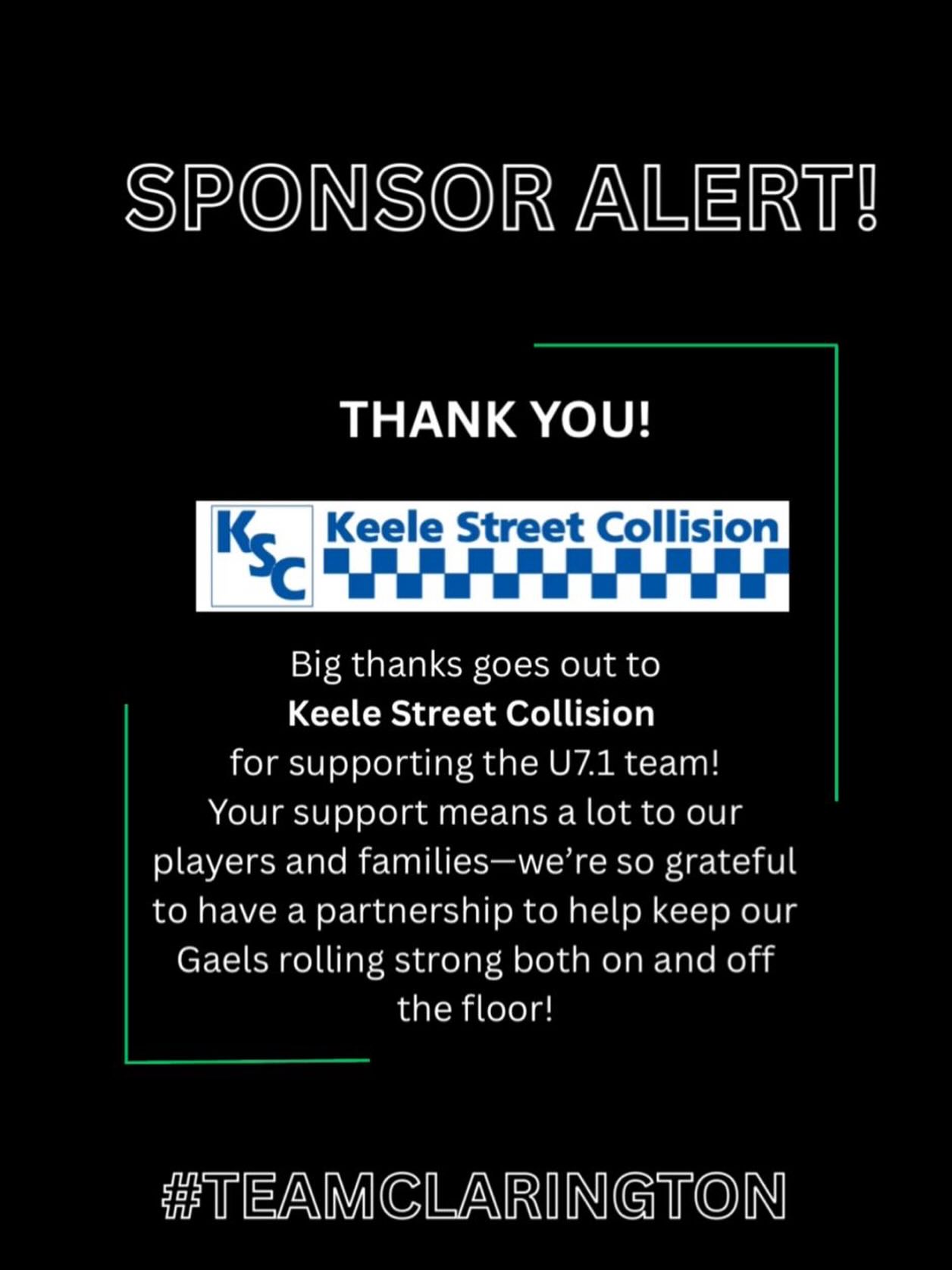 Huge shoutout to our amazing sponsor, Keele Street Collision, for supporting our U7-1 Gaels this season!
Your generosity and support help create incredible experiences for our players and families, both on and off the floor. We’re proud to partner with businesses that believe in community, teamwork, and helping young athletes grow.
Thank you for being part of #GaelsNation and helping keep the Gaels rolling strong!
#TeamClarington #SponsorAppreciation #CommunitySupport #MinorLacrosse