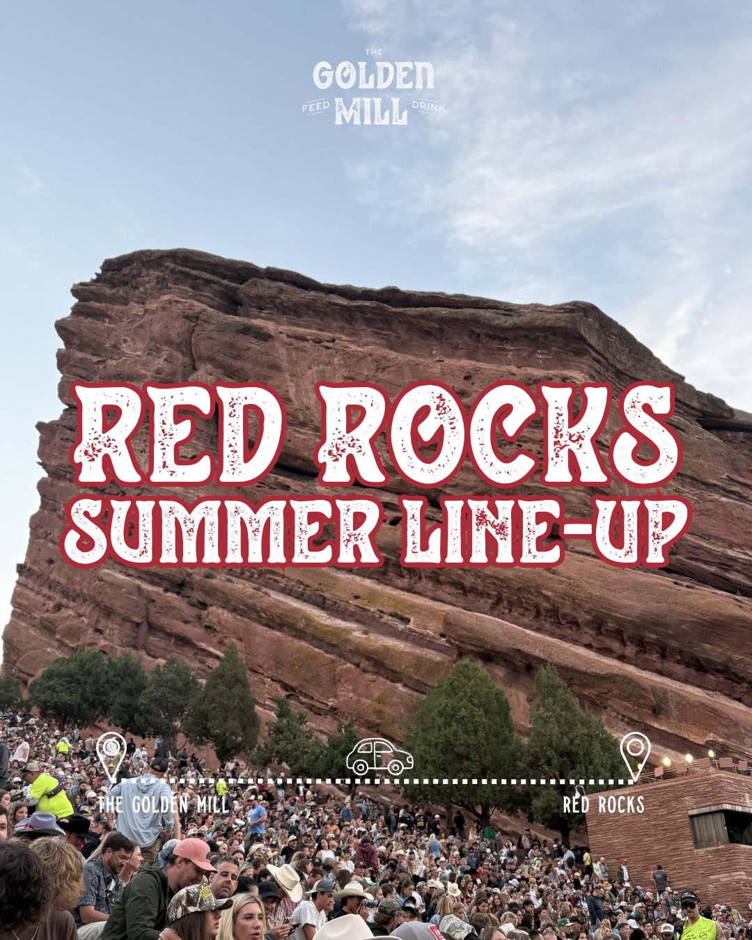 Red Rocks season is HERE 🙌 Concerts, comedy, sunrise yoga, outdoor movies, graduation days, or simply soaking in the views, we’re here for all of it. Whatever brings you to Red Rocks, make The Golden Mill your pre- or post-adventure stop. Just 15 minutes from the amphitheater.