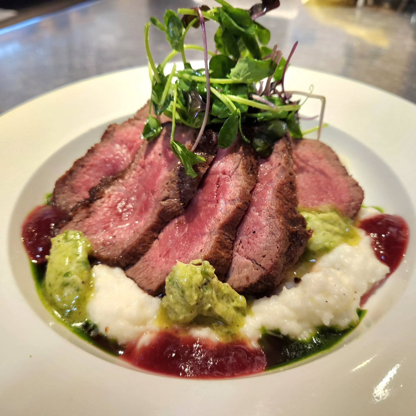 ✨️Seared Strip Loin with goat cheese polenta, snap peas, white balsamic-raspberry gastrico, and pistachio butter✨️
#aptosdining #FarmToTable #supportlocalbusinesses
