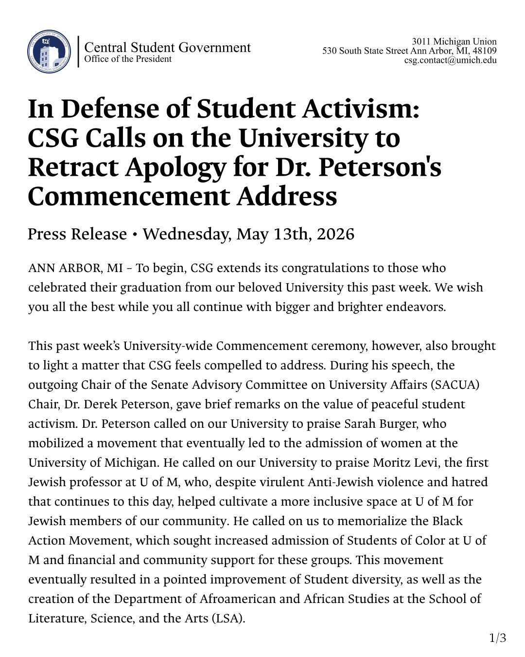 A statement from CSG’s Executive, regarding Dr. Peterson’s commencement address.
(The full text of the press release can be found in the alt text)
