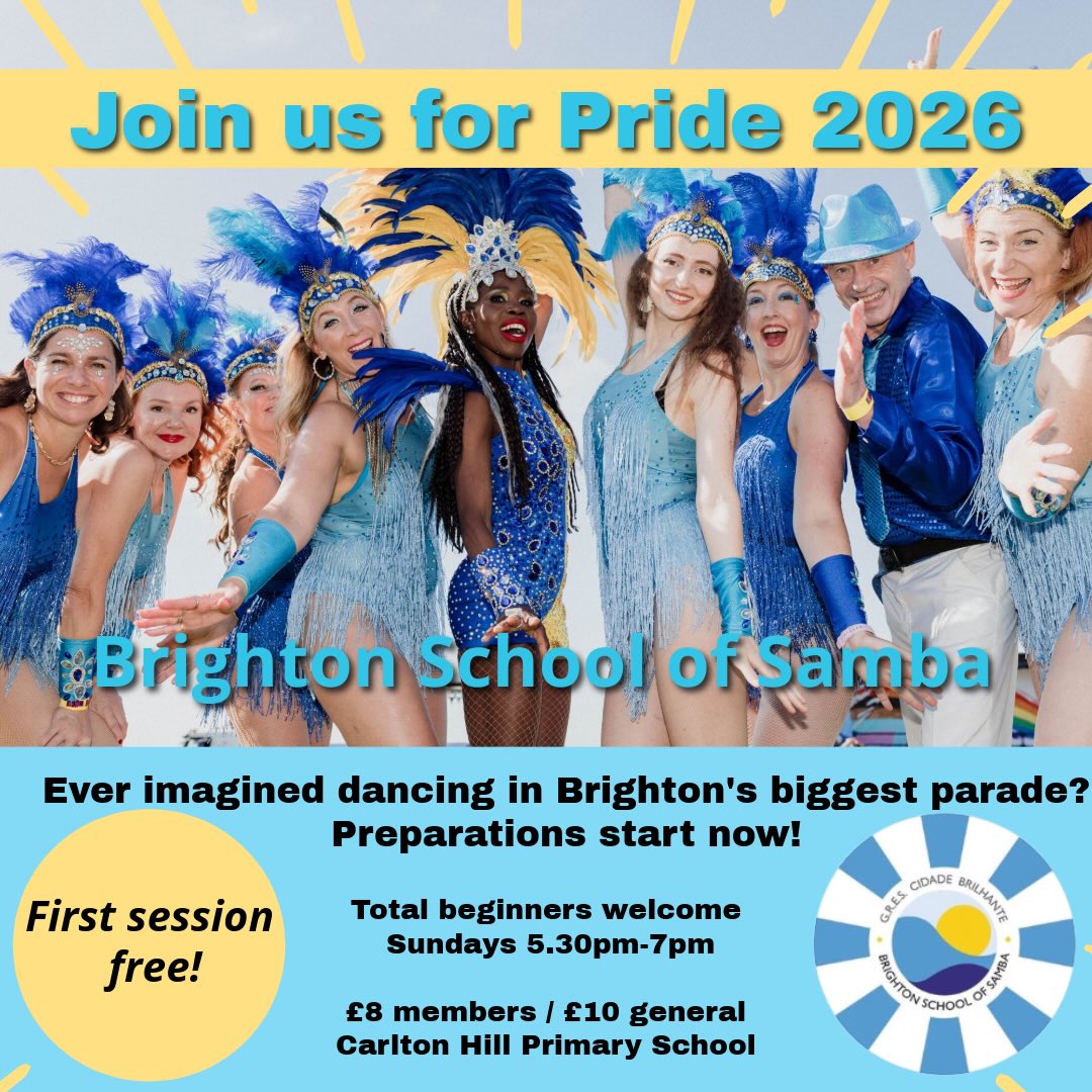 Your invitation to the most joyful parade in Brighton 🎉 Brighton School of Samba is recruiting dancers for Brighton Pride 2026! Total beginners absolutely welcome — all you need is the urge to move. Join us every Sunday, 5.30–7pm at Carlton Hill Primary School. Don’t wait — rehearsals are already underway! 🥁
#brightonpride #brighton #samba #sambaschool #sambadance
