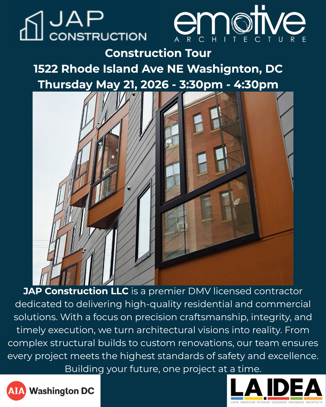 We’re excited to spotlight JAP Construction and their incredible work at 1522 Rhode Island Ave NE. Join us on May 21, 3:30–4:30 PM for an exclusive tour with JAP Construction + Emotive Architecture. Registration link in the Bio. #ConstructionTour #JAPConstruction #EmotiveArchitecture #ArchitectureStudents #LAIDEA