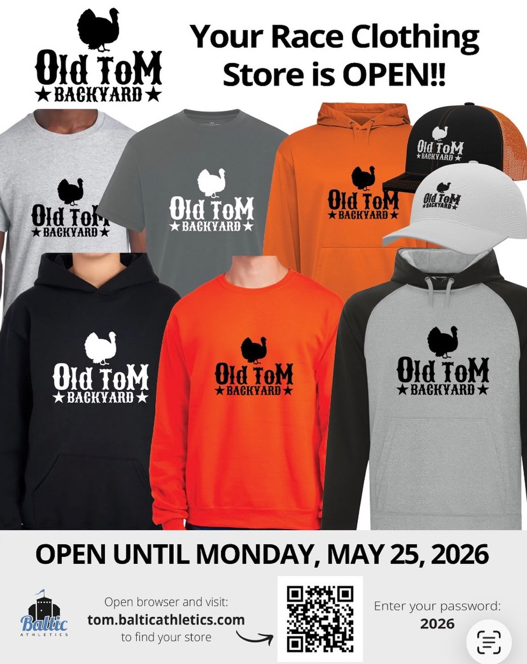 The 2026 OTB merch store is OPEN!
…but only for a limited time!
Head over to our website and click the merch store link for direct access. Password:2026
There will be some items available for purchase on race day, but the only way to guarantee the colour and size you want is to pre-order!
Only 7 weeks till first bell! See y’all at the farm soon!