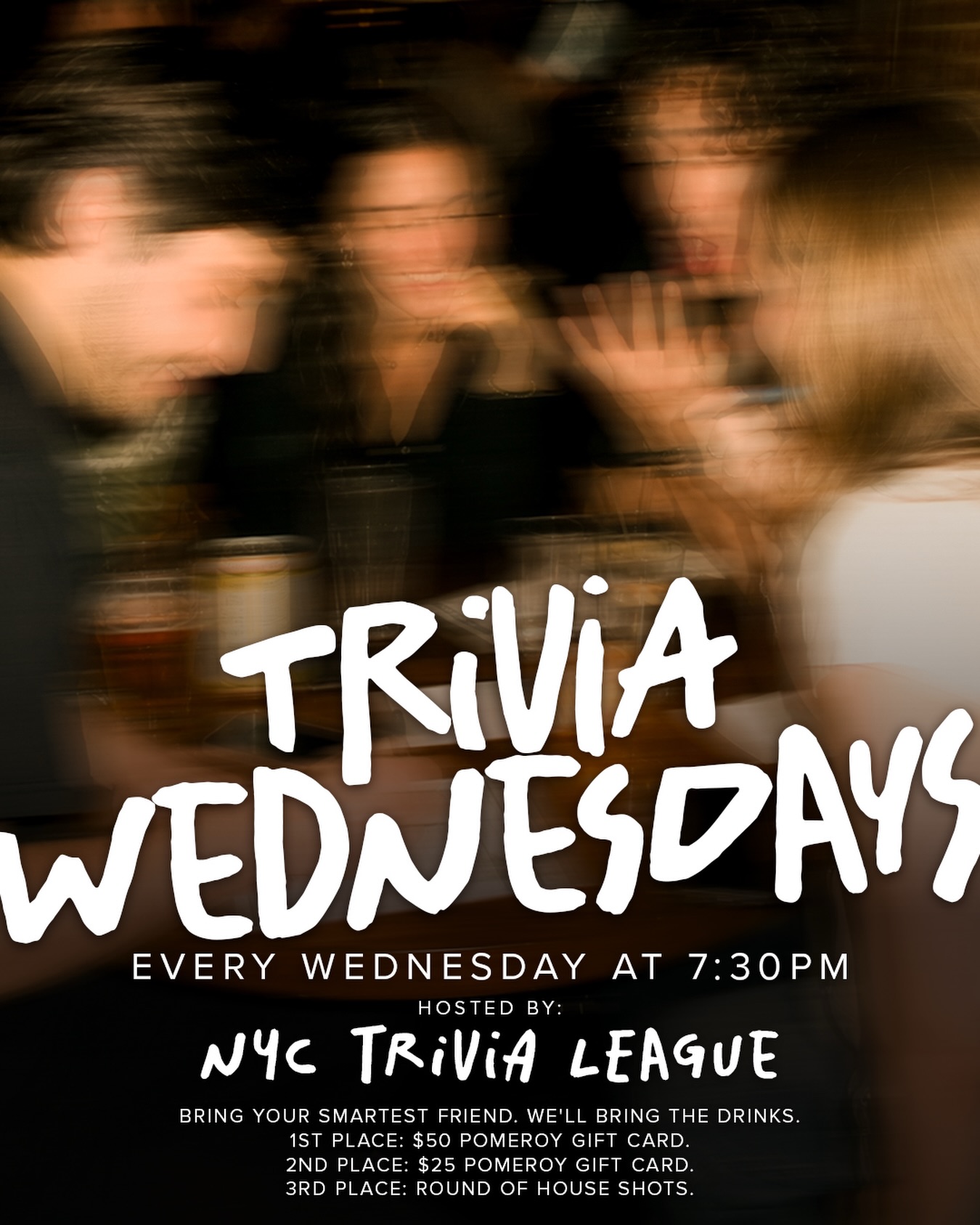 Trivia night is back. This Wednesday at 7:30pm. 🧠
Bring your smartest friend, your most competitive side, and maybe brush up on your pop culture. 😂
1st place: $50 Pomeroy gift card. 2nd place: $25 Pomeroy gift card. 3rd place: round of house shots.
See you Wednesday. Reservations at the link in bio. 🙌