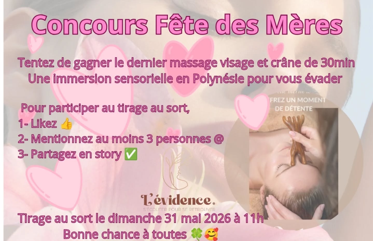 Ça faisait longtemps que je n'avais pas proposer de concours...
La fête des mères arrive à grands pas et ce massage plaira à toutes les mamans 💐
À vos pouces, mentions et partages...
Une évasion de 30min aux senteurs des plages exotiques coco 🥥 et fleurs de Tiaré 🌸 vous attend 💆♀️🥰❤️