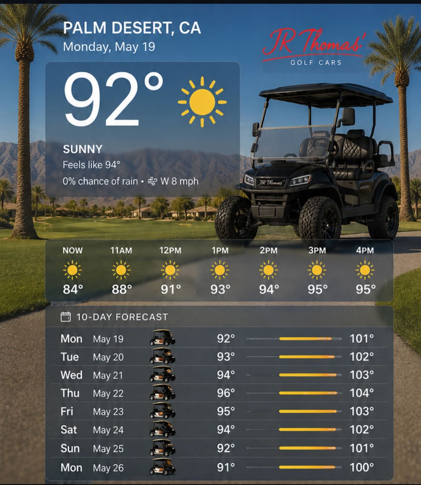 How’s your weather app looks like??
Palm Desert forecast: ☀️ + golf cart weather all week long 😎⛳️ there’s only one way to cruise through it lithium-powered and road ready. 🔋
#JRThomasGolfCars #PalmDesert #GolfCartWeather #LithiumPowered #DesertCruisin