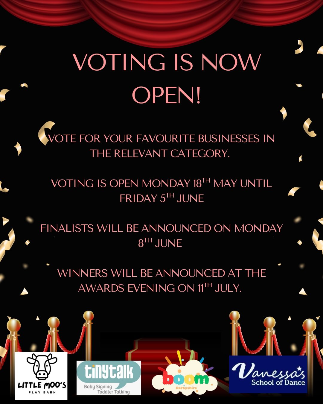 ✨ VOTING IS NOW OPEN! 🗳️✨
It’s time to support your favourite local businesses 💫
The more votes each business gets secures them a place as a finalist at our awards evening! 🏆
🗓 Voting closes Friday 5th June
🎉 Finalists announced Monday 8th June
🏆 Winners revealed at our awards evening on 11th July
A huge good luck to all the amazing businesses involved this year 👏✨
Vote via the link in our bio ⭐️
Awards Evening sponsored by :
@littlemoosplaybarn 🐮
@tinytalk_derbyshire 💜
@vsdanceuk 🩰
AD