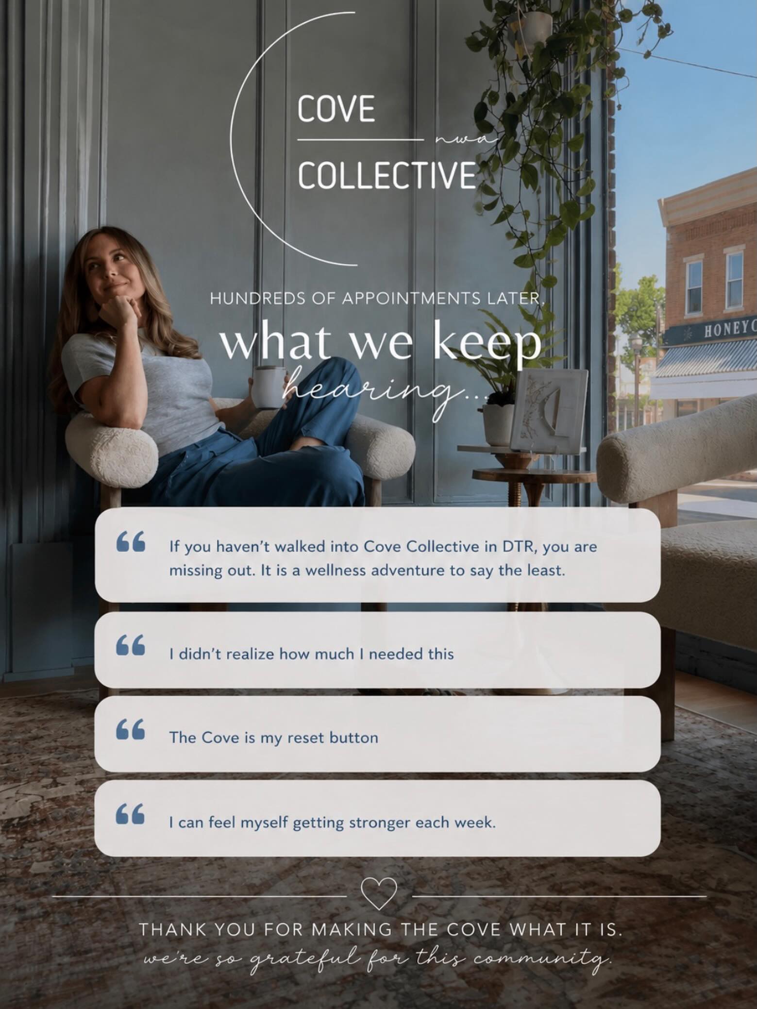 What started as a vision for a calm, welcoming space in the heart of Downtown Rogers has become something so much bigger because of this community.
Thank you for trusting us with your healing, your movement, your recovery, your self-care, and your time. Every class booked, every massage, every adjustment, every facial, every conversation in the lobby ā it all means the world to us.
Weāre so grateful youāve made the Cove what it is. āØ
#community #holistichealthandwellness #godowntownrogers