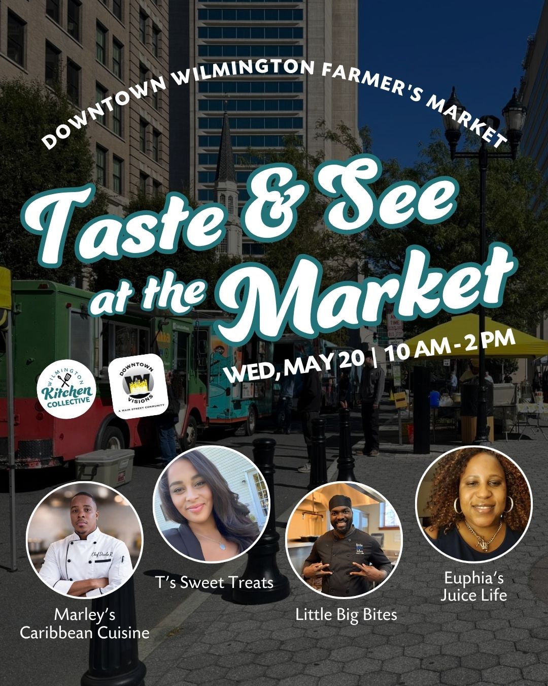 Catch us tomorrow, May 20, at the Downtown Farmers Market at Rodney Square!
This week's WKC lineup is...
🍗 @Marleys_Caribbean_Cuisine
🧁 @TSweetTreats20
🍛 Little Big Bites (@RellDukes)
🥤 @EuphiasJuiceLife
Grab a mouth-watering lunch and dessert, plus a thirst-quenching drink from our entrepreneurs and #SupportSmallBusiness!
#WilmingtonDE #WKC #WilmingtonKitchenCollective #TheCollectiveWKC