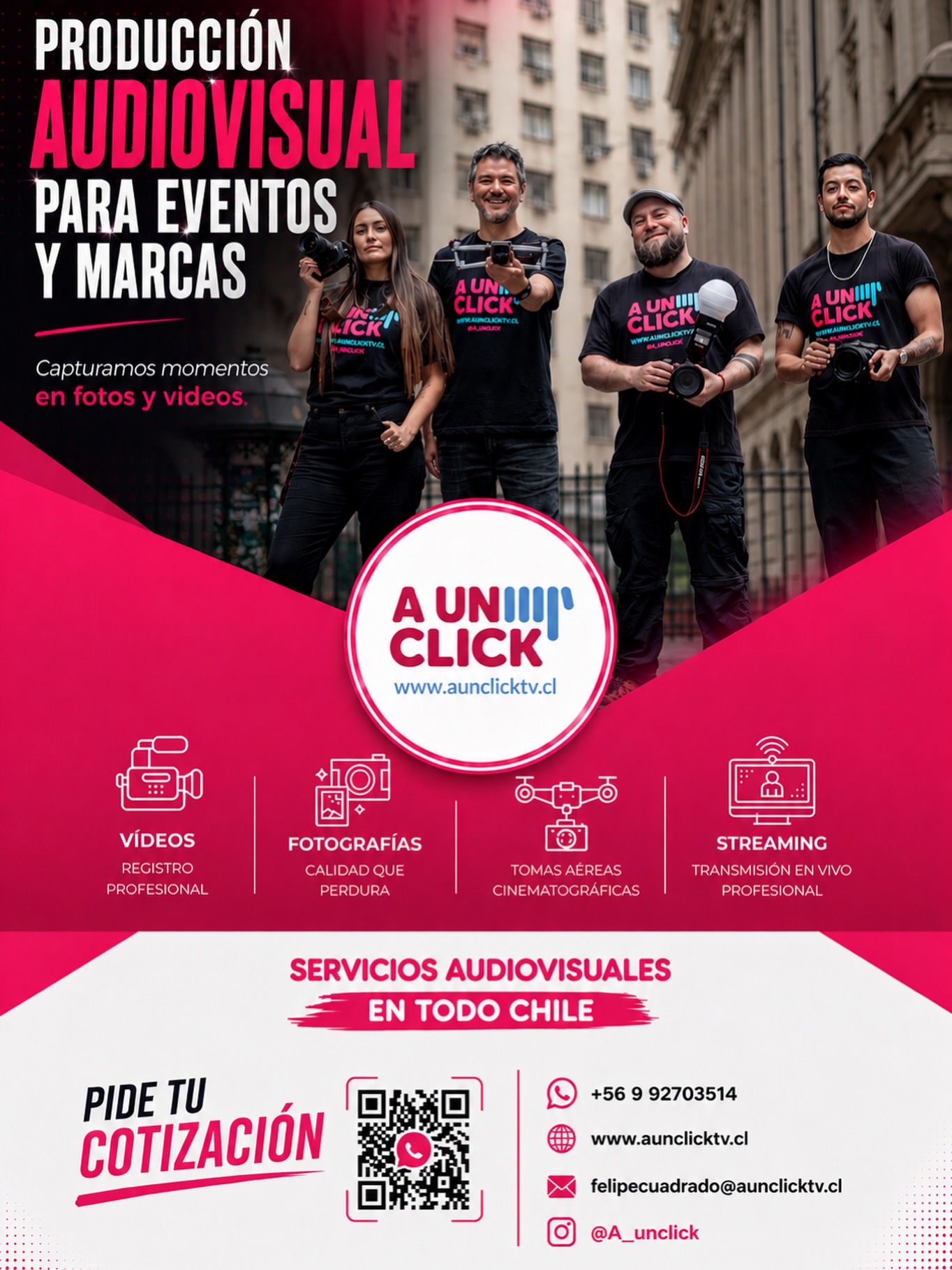 🎬 ¡Registra ese momento especial en video y/o fotografías! Somos #AunClick 🙌🏻
Creamos contenido audiovisual de alto impacto para marcas, eventos y proyectos en todo Chile 🇨🇱
📸 Video • Fotografía • Dron • Animaciones 2D • 360° y más
Todo lo que necesitas para destacar, en un solo equipo 💥 Cotiza con nosotros en 👉 www.aunclicktv.cl
#ProducciónAudiovisual #VideoMarketing ContenidoAudiovisual FilmMakersChile