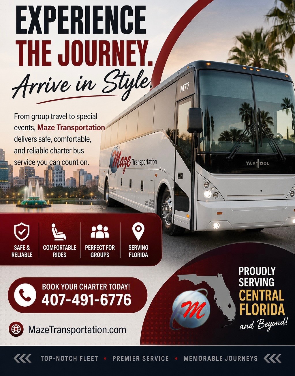 Whether you’re planning a corporate retreat, a school trip, a wedding shuttle, or a group getaway — the details matter. That’s why Central Florida trusts Maze Transportation to handle the ride.
Safe, comfortable, and reliable charter bus service that takes the stress off your plate so your group can focus on the experience. From the moment you book to the second you arrive, we’ve got you covered.
