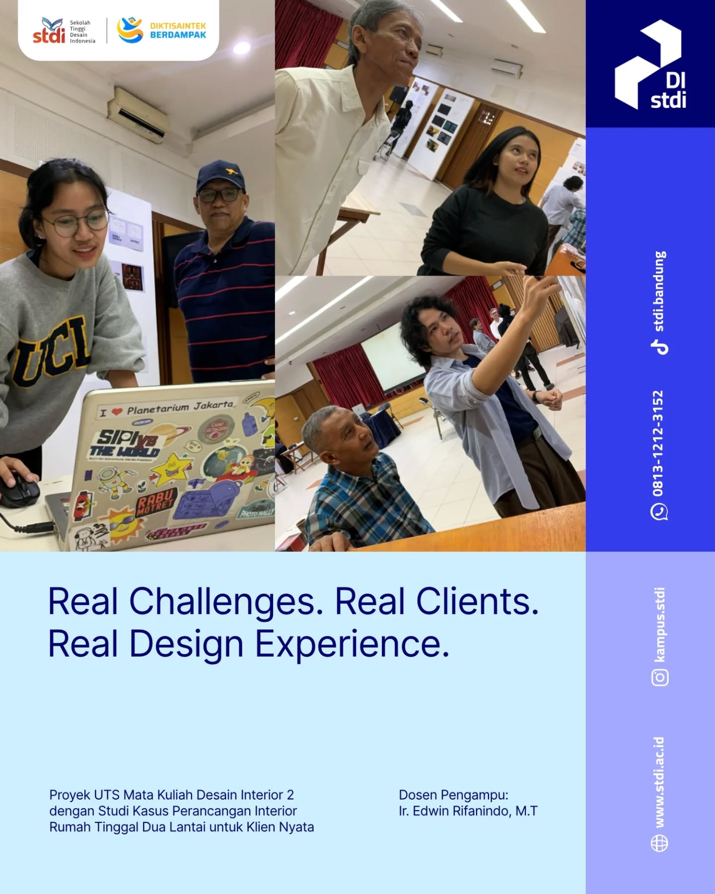 Real Challenges. Real Clients. Real Design Experience.
Suasana Ujian Tengah Semester mahasiswa Program Studi Desain Interior STDI pada mata kuliah Desain Interior 2 menampilkan proses belajar yang tidak hanya berfokus pada konsep, tetapi juga pada pengalaman profesional secara nyata.
Melalui studi kasus perancangan interior rumah tinggal dua lantai, mahasiswa diberikan tantangan untuk merancang berdasarkan kebutuhan klien asli secara langsung, sehingga setiap proses desain dilakukan dengan pendekatan yang realistis dan aplikatif.
Mulai dari analisis kebutuhan ruang, pengembangan konsep, penyusunan tata ruang, hingga presentasi desain menjadi bagian dari proses pembelajaran yang melatih kreativitas, problem solving, dan komunikasi profesional mahasiswa.
Mata kuliah ini diampu oleh Ir. Edwin Rifanindo, M.T., yang menghadirkan pendekatan pembelajaran berbasis praktik industri guna mempersiapkan mahasiswa menghadapi dunia kerja secara nyata.
#STDI #SekolahTinggiDesainIndonesia #DesainInterior #InteriorDesign #InteriorStudio MahasiswaDesain CreativeCampus UTSSTDI DesignEducation