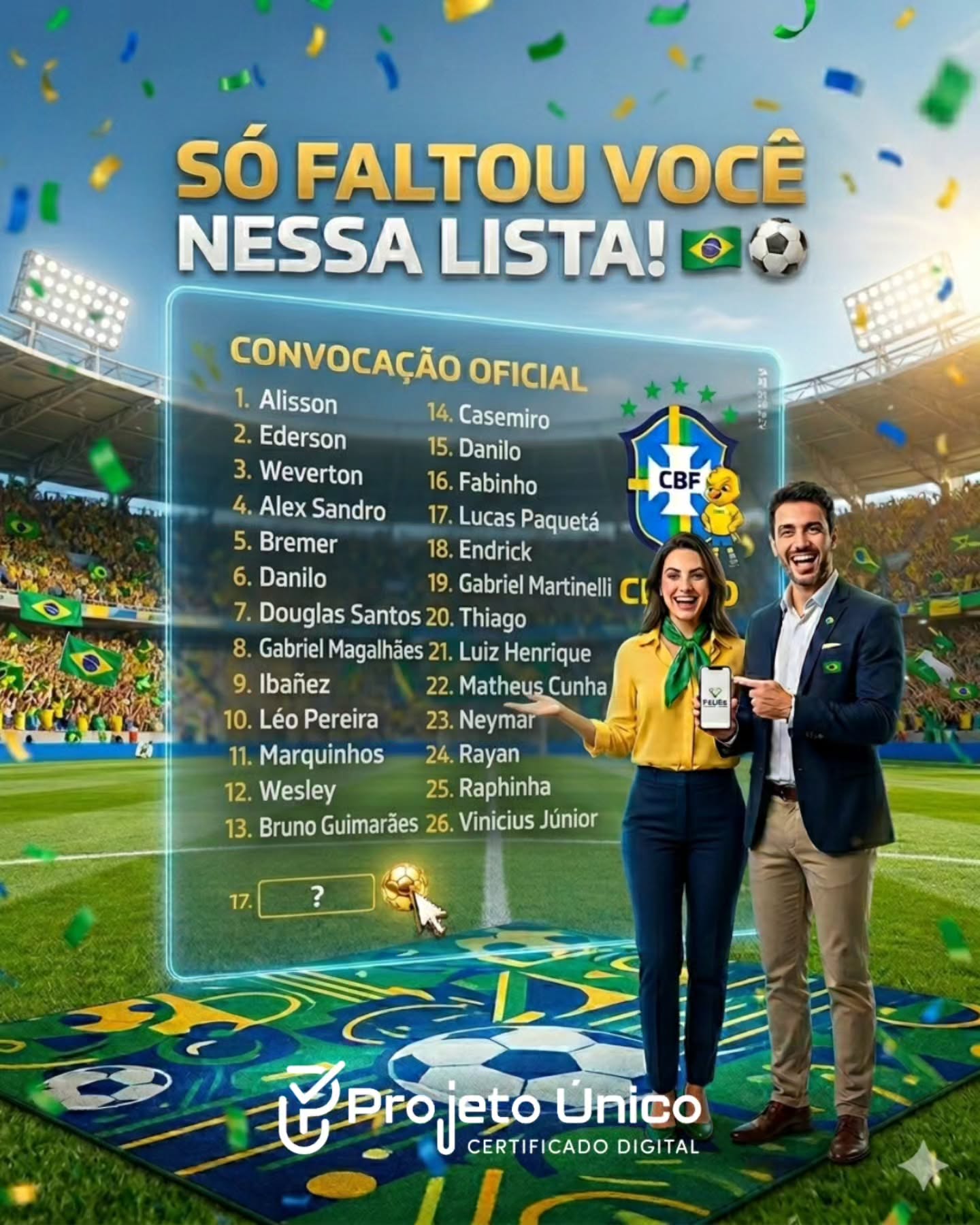 O técnico já fez a convocação oficial para a Copa e o clima de Hexa já tomou conta! 🏆🇧🇷
Mas vamos falar de jogo sério: na sua empresa, quem é o craque que resolve tudo sem burocracia, não deixa nenhum processo entrar em impedimento e ainda bate um bolão na segurança?
Spoilers: não é o Neymar e nem o Vini Jr... É o seu Certificado Digital! 💻✨
Enquanto a seleção se prepara para entrar em campo, que tal você escalar o melhor parceiro para o seu negócio?
Com o nosso certificado, você:
👉 Assina contratos de qualquer lugar do mundo (até das sedes da Copa!).
👉 Garante validade jurídica em segundos.
👉 Emite notas fiscais sem risco de levar cartão vermelho do Fisco.
A sua empresa não pode ficar no banco de reservas.
💬 Queremos saber: Quem foi a maior surpresa ou o seu jogador favorito nessa convocação? Deixe seu comentário aqui embaixo! 👇
#Copa2026
#ConvocacaoSelecao
#CertificadoDigital