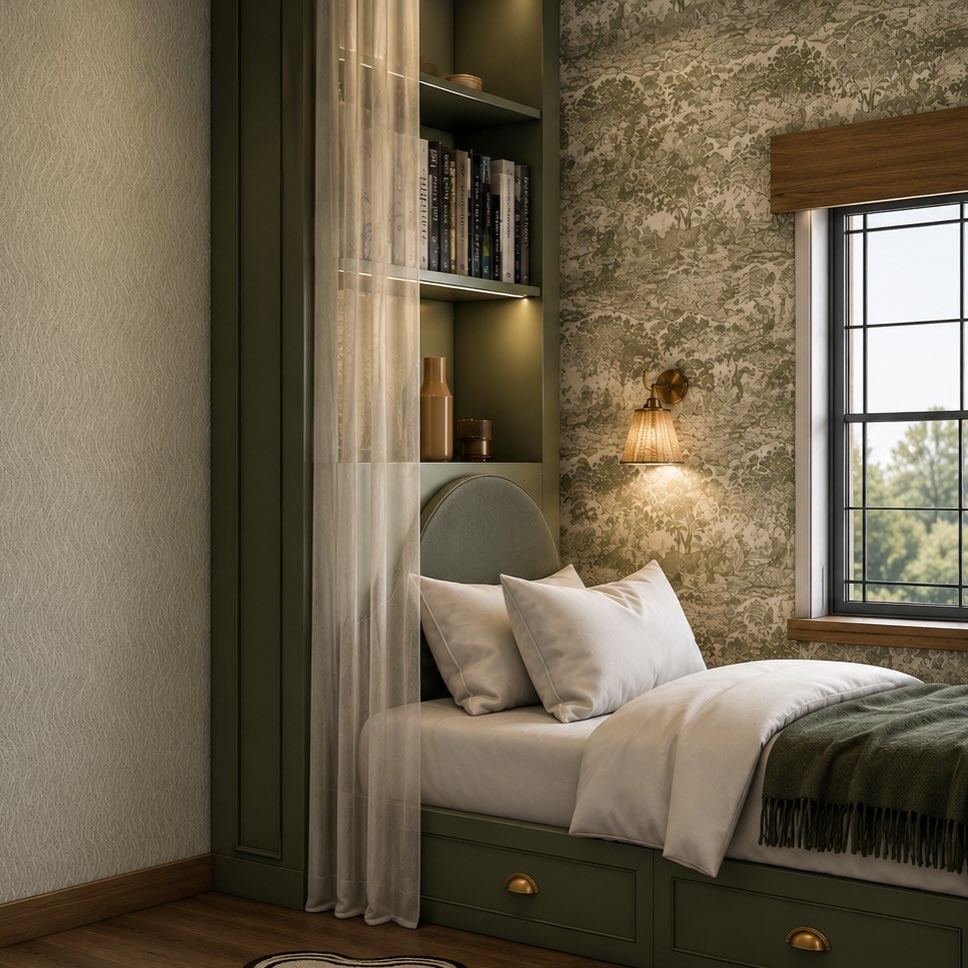 I think this might be my favourite room in our Mere project!
This space started life as the tiniest little box room, but it’s now become such a cosy and inviting guest bedroom that completely captures the feel of the house. We leant into the cottage character and the owner’s eclectic style by mixing wallpapers, layering warm textures and adding deep green joinery to make it feel collected and personal rather than too “done”.
I always think the smallest rooms can end up being the most special, and this one really proves that.
So excited to get this project photographed properly soon, this room sure does deserve its moment!
#interiordesign #interiordesigneruk #cottageinteriors #CountryHome #guestbedroom