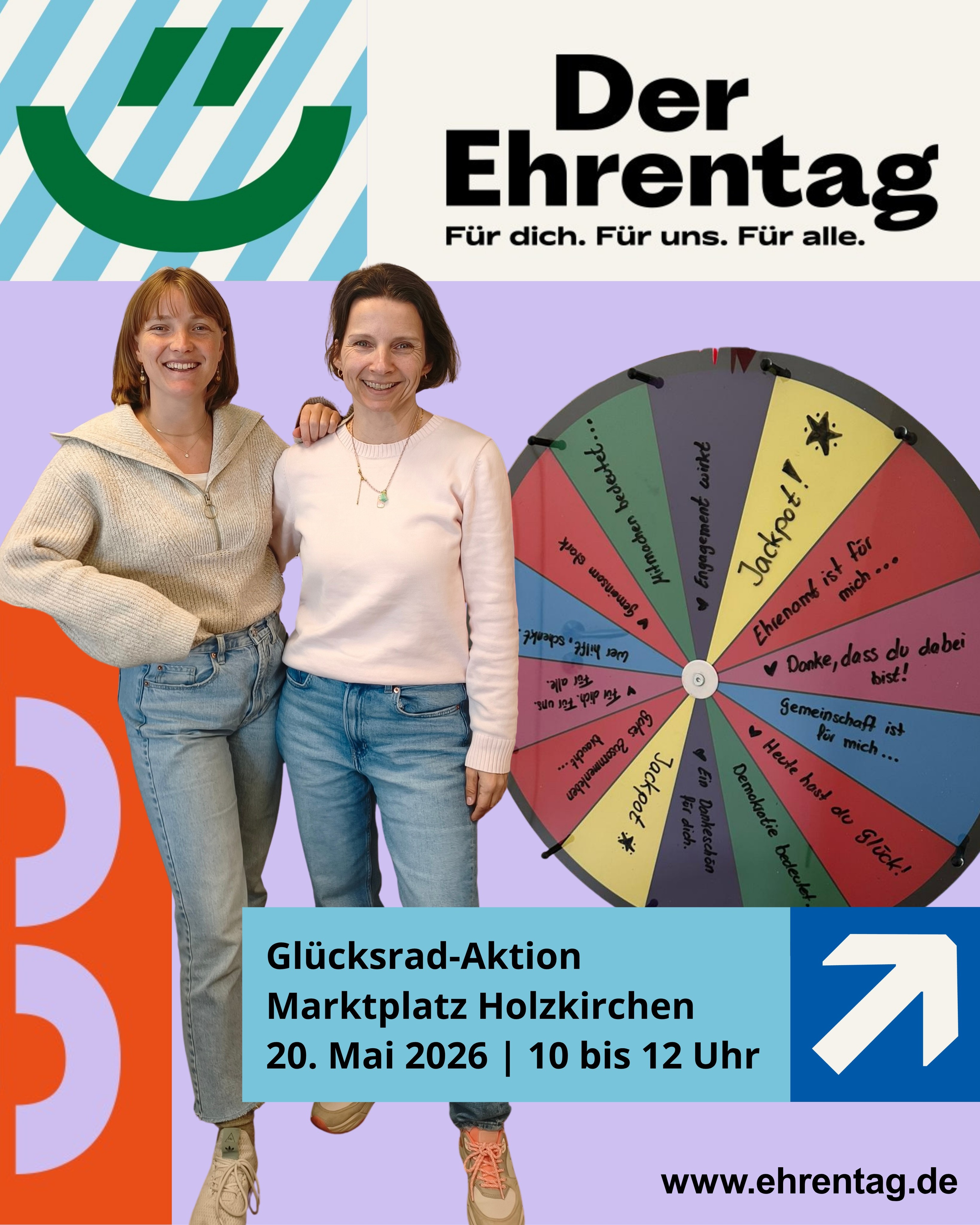 Demokratie lebt vom Mitmachen. 💛
Deshalb feiern Menschen in ganz Deutschland rund um den 23. Mai den Ehrentag. Der bundesweite Mitmachtag erinnert daran, wie wichtig Engagement, Zusammenhalt und Beteiligung für unsere Gesellschaft sind.
Auch wir sind dabei und laden euch herzlich zu unserer Glücksrad-Aktion auf dem Wochenmarkt in Holzkirchen ein. 🎡
Dreht am Glücksrad, gewinnt fair gehandelte Produkte aus dem Holzkirchner Eine-Welt-Laden und verratet uns mit einem Wort, was Ehrenamt und Demokratie für euch bedeuten.
Aus allen Wörtern entsteht im Laufe des Vormittags eine bunte Wortkette, die zeigt, was Menschen mit Ehrenamt und Demokratie verbinden. ✨
Mit dabei sind auch die Freiwilligenagentur HELP der Bürgerstiftung Holzkirchen, der BUND Naturschutz, die Tafel Holzkirchen und die Holzkirchner Behindertenbeauftragten.
📍 Marktplatz Holzkirchen
📅 20. Mai 2026
🕙 10:00 bis 12:00 Uhr
Wir freuen uns auf euch.
Für dich. Für uns. Für alle. 💛
Die Glücksrad-Aktion wird auch durch das Bundesprogramm „Engagierte Stadt“ unterstützt, das die Vernetzung von Zivilgesellschaft, Kommune und Wirtschaft stärkt.
@tafel83607
@bn_hoki
@buergerstiftung_holzkirchen
@behindertenbeauftragten_hoki
@lbebayern
#Ehrentag #Ehrenamt #Holzkirchen #Demokratie #Mitmachen #GemeinsamStark