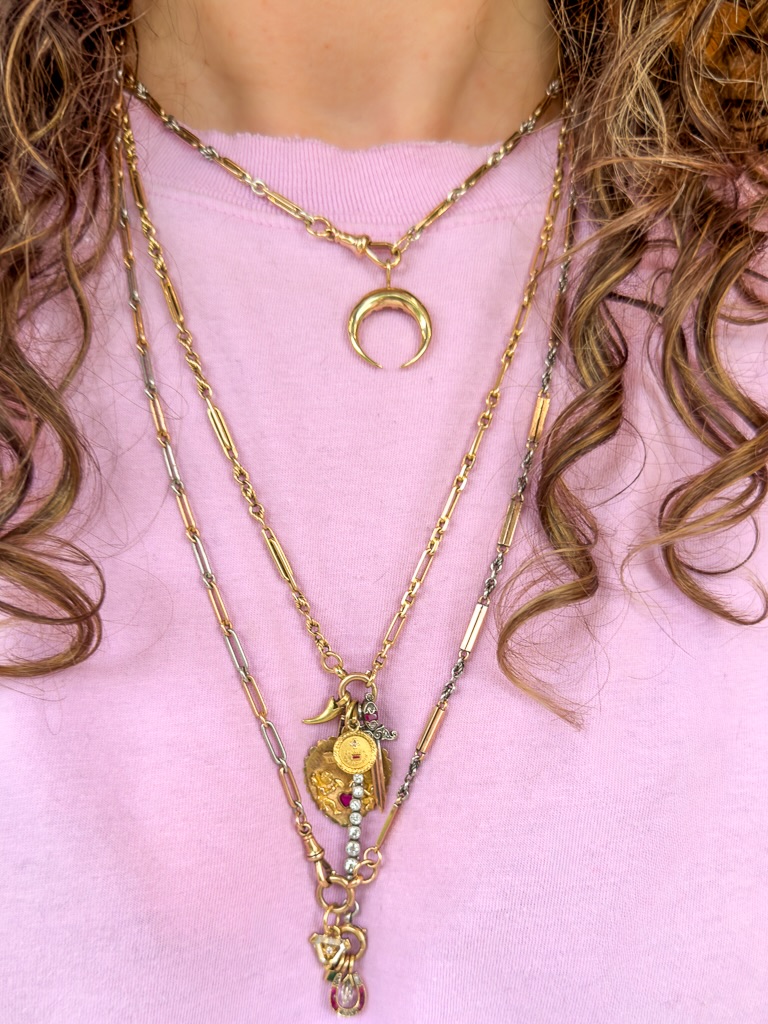 Current neckmess du jour and honestly… I’ve been living in this simpler stack the past few days ✨💘🌙
I’m wearing my PC layer (middle) with the diamond extender as a lariat drop, then added some of my favourite PC pendants onto the end of the drop to create a little extra movement and interest 💫⚡️
Would you keep it like this or absolutely beef it up with more layers? 👀👇
✨ TOP:
• Antique 18ct Gold & Platinum Fancy Link Chain with Swivel Dog Clip | C.1910
• Solid 9ct Yellow Gold Midi Horn Pendant with Full UK Hallmarks
✨ BOTTOM:
• Antique High Carat Mixed Link Long Chain with Removable T-Bar Pendant
• GIA Certified Step Cut Triangular Diamond Celestial Picture Pendant - Star Motif
All pieces listed above are available on my website 🤍🫶
.
.
.
#neckmess #antiquejewelry #layerednecklaces #charmlayering #antiquegold