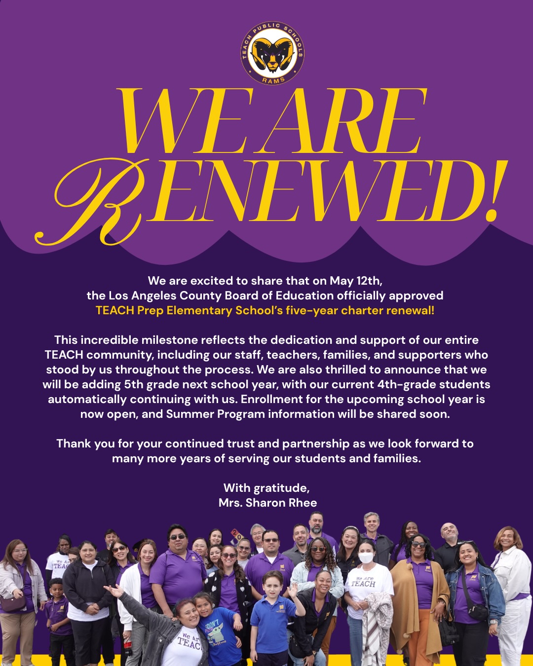 We are excited to share that on May 12th, the Los Angeles County Board of Education officially approved TEACH Prep Elementary’s five-year charter renewal 🎉
This milestone reflects the dedication of our entire TEACH community—staff, teachers, families, and supporters—who made this achievement possible. We’re also excited to announce we are expanding to 5th grade next school year, with enrollment now open and Summer Program details coming soon 💙
Thank you for your continued support as we continue to grow and serve our students!
#TEACHPrep #CharterRenewal #NowEnrolling #GrowingTogether #FutureReady