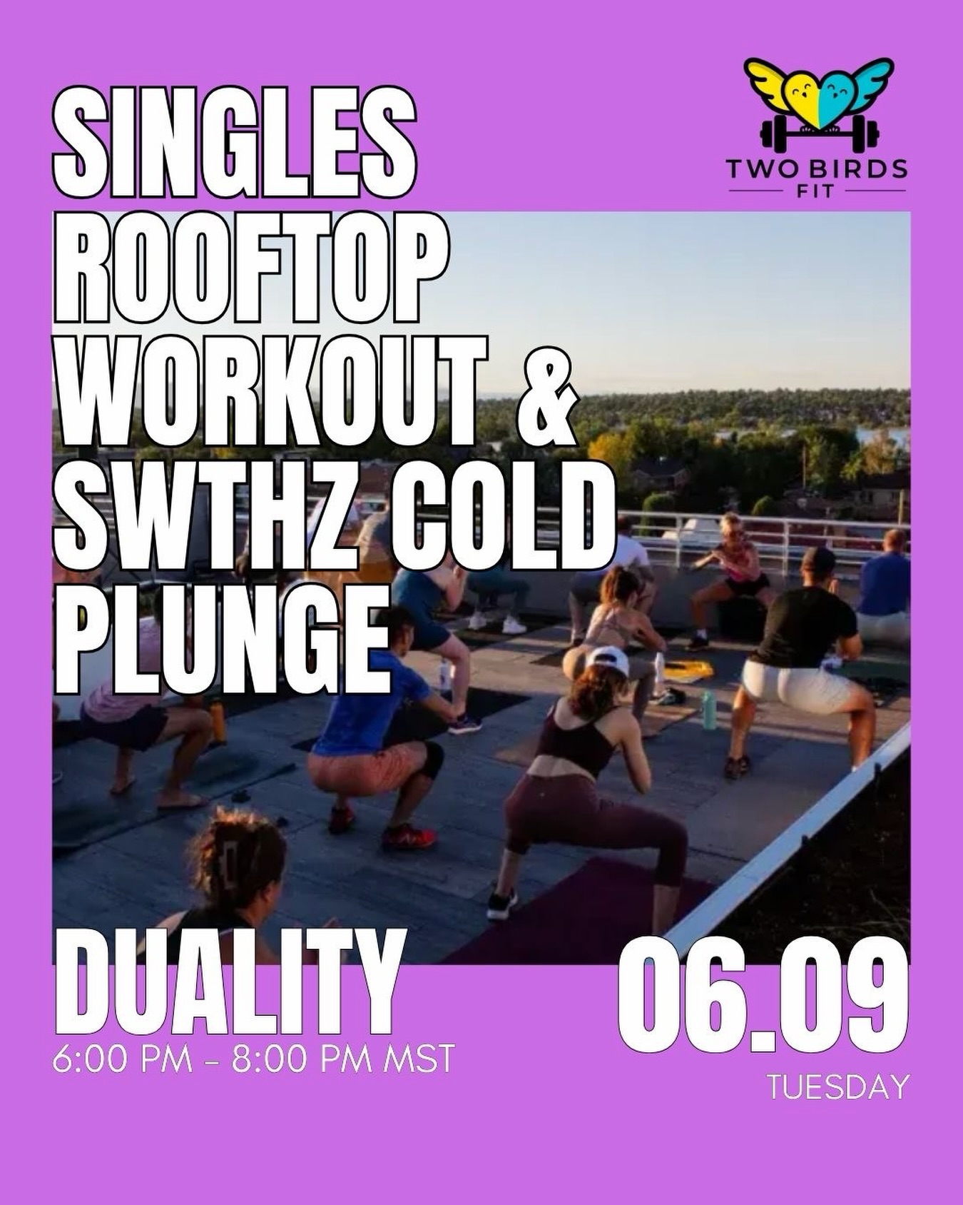 Rooftop sweat. Cold plunges. Cocktails with a view. ☀️🧊🍹
We’re taking it to the roof with Duality and SWTHZ a Singles Rooftop HIIT + Yoga Mixer — Rocky Mountain views, good company, and Side Pony cocktails included.
Here’s the flow: 45-minute strength + cardio workout, a feel-good yoga reset, then rooftop mingling with drinks, icebreakers, and optional cold plunges to seal the deal (literally 🥶).
🍸 Complimentary cocktail or mocktail on us, courtesy of Side Pony
✨ Optional Two Birds Fit Matchmaking after — pick up to 6 Friends + 6 Flirts in the web app, and we’ll connect mutual matches within 24 hours
📅 Tuesday, June 9, 2026
🕕 6:00–8:00 PM MT
📍 Duality Rooftop — 4635 W Colfax Ave, Denver
🧘 Bring a yoga mat or large towel
👯 Capped at 90 singles — don’t sleep on this one
🎟️ Tickets in bio @twobirdsfit 💙