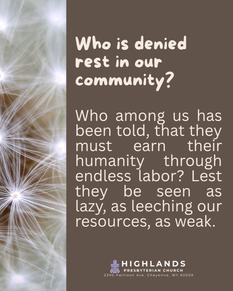 Who is denied rest in our community?
Who among us has been told, implicitly or explicitly, that they must earn their humanity through endless labor? Lest they be seen as lazy, as leeching our resources, as weak.
Who carries exhaustion in their bodies every day?
Immigrants living with fear and uncertainty.
Activists and organizers carrying grief and burnout.
Laborers working multiple jobs.
Queer people trying to stay safe.
People with disabilities tired of seeking accommodations.
Parents & caregivers. Teachers & nurses.
For those of us with access to lots of time for rest and leisure, I wonder how we might become people who make rest possible for others?
How might we be like Jesus on the beach—cooking breakfast for the weary? (John 21:1-14)
Creating spaces of safety, nourishment, slowness, and care? Offering our time, resources, privilege, and presence so others can finally exhale?
From Rev. Delaney's sermon "Rest & Resistance" 5/17/26