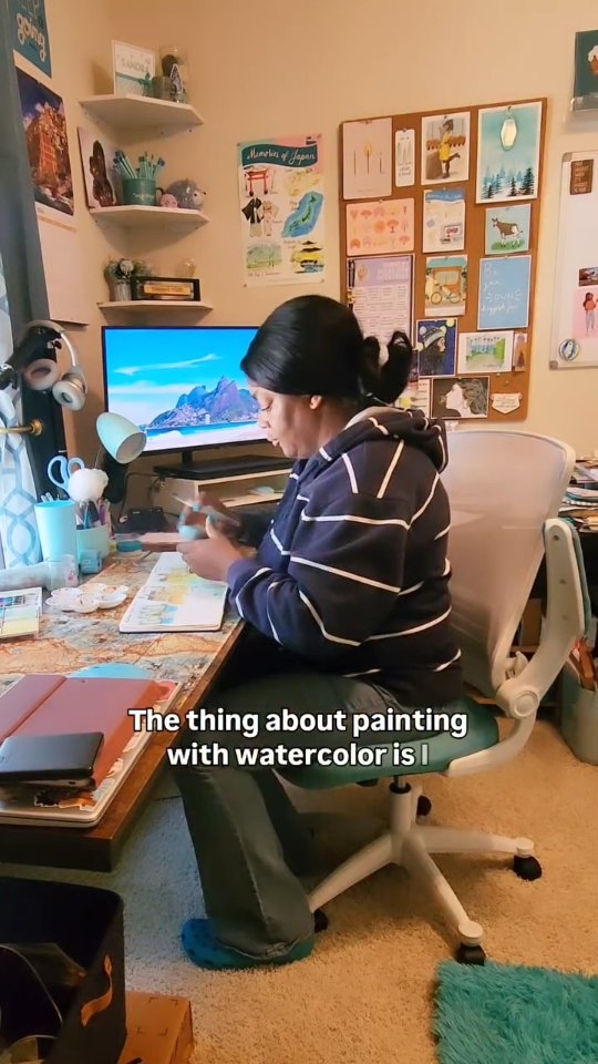 ✨️ The thing about painting with watercolor is I can make it as light and airy as I want or as bold and vibrant as I want. All depends on my mood!!
No one really taught me this; I sort of learned from watching other artists do their thing with gouache, acrylic, watercolor, and oil paints and decided to try them all. 🖌
Ultimately, I feel in love with the feel of watercolor and it led to these relaxed nostalgic travel paintings, so stick around if you enjoy them too! ✈️🩵
Video Description: Sandra in her studio sitting at her desk in front of a window adding touch ups to a painting in her sketchbook.
This is Prompt # 2 from @hallease.mp4 28-Day Sprint (all prompts are in Hallease's highlights and super easy to follow!)