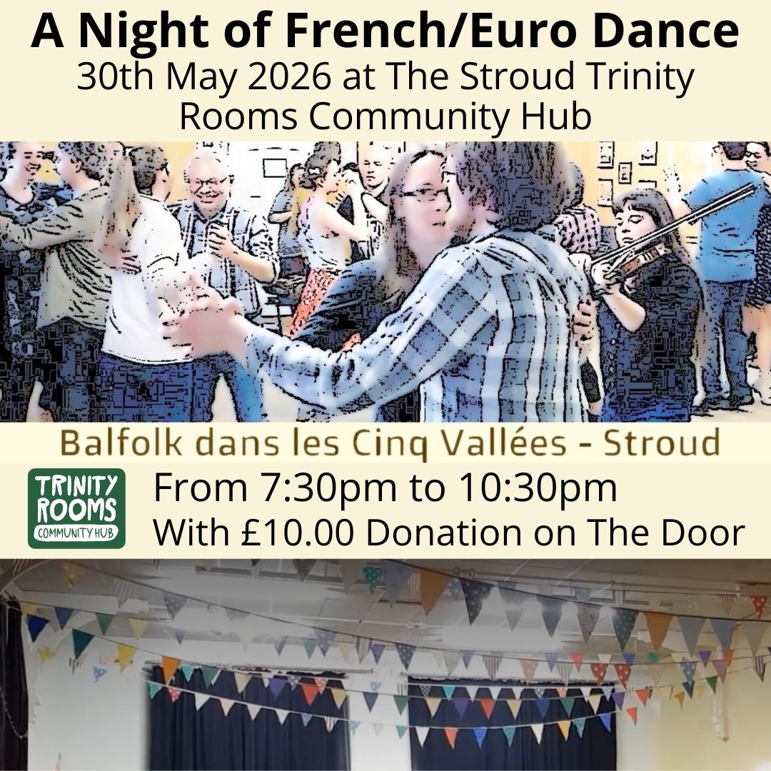 Come join a fabulous evening at our Trinity Rooms on 30th May for a night of French/Euro Dance with Balfolk Stroud.
From 7:30pm-10:30pm. Starting with a beginners workshop and full instruction included - so no prior skills needed!
Beautiful live music with Helen Gentile & Lewis Wood. An exciting duo who perform original and dynamic arrangements of European folk dance tunes on clarinet and violin.
The duo combines the talent of two musicians firmly embedded into the folk music community in England. Loose, ever-evolving arrangements create space for improvisation, showcasing the interplay between clarinet, violin and dancers.
Entry is by donation with a £10 suggestion.
#Stroud #Events #Dance #Chalford #Ebley #Folk #WhatsOn #Nailsworth #Workshop #Painswick #Dancing #LiveMusic #Balfolk #Gloucestershire