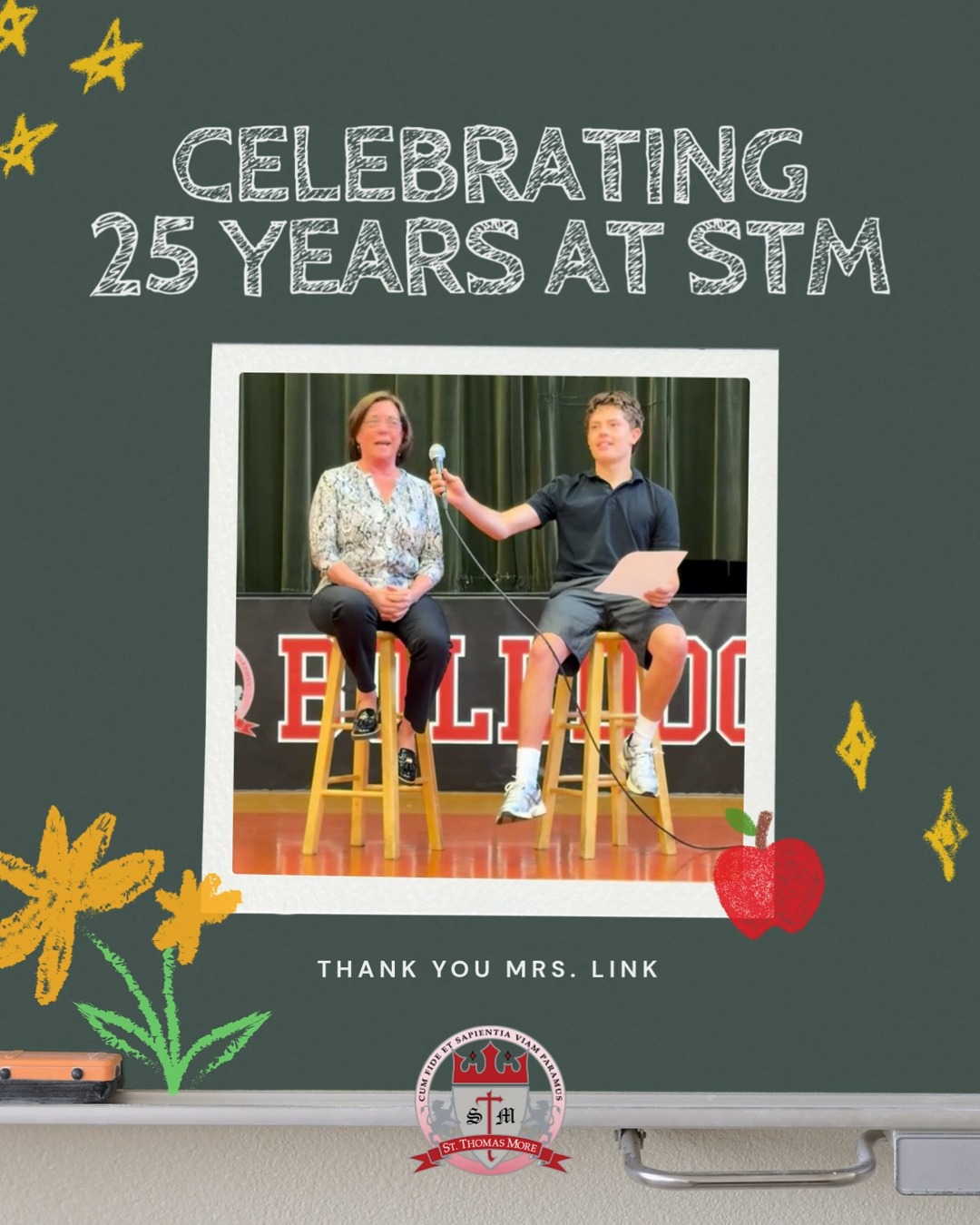 We kicked off Teacher Appreciation Week at this morning’s assembly by celebrating Mrs. Link and her incredible 25 years of dedication to St. Thomas More! 🎉
A special thank you to 8th grader Mason for leading such a fun and engaging Q&A, and an even bigger thank you to Mrs. Link for the countless lives she has impacted over the years.
Here’s to 25 amazing years — and 25 more! 🍎
#stthomasmorecatholicschool #StThomasMore #stm #PrivateSchoolPortland #CatholicEducation #CatholicSchoolPortland #celebrate #PortlandCatholic #stmpdx #BulldogProud #educator #teacher #teacherappreciationweek #teacherappreciation #25years #dedicated