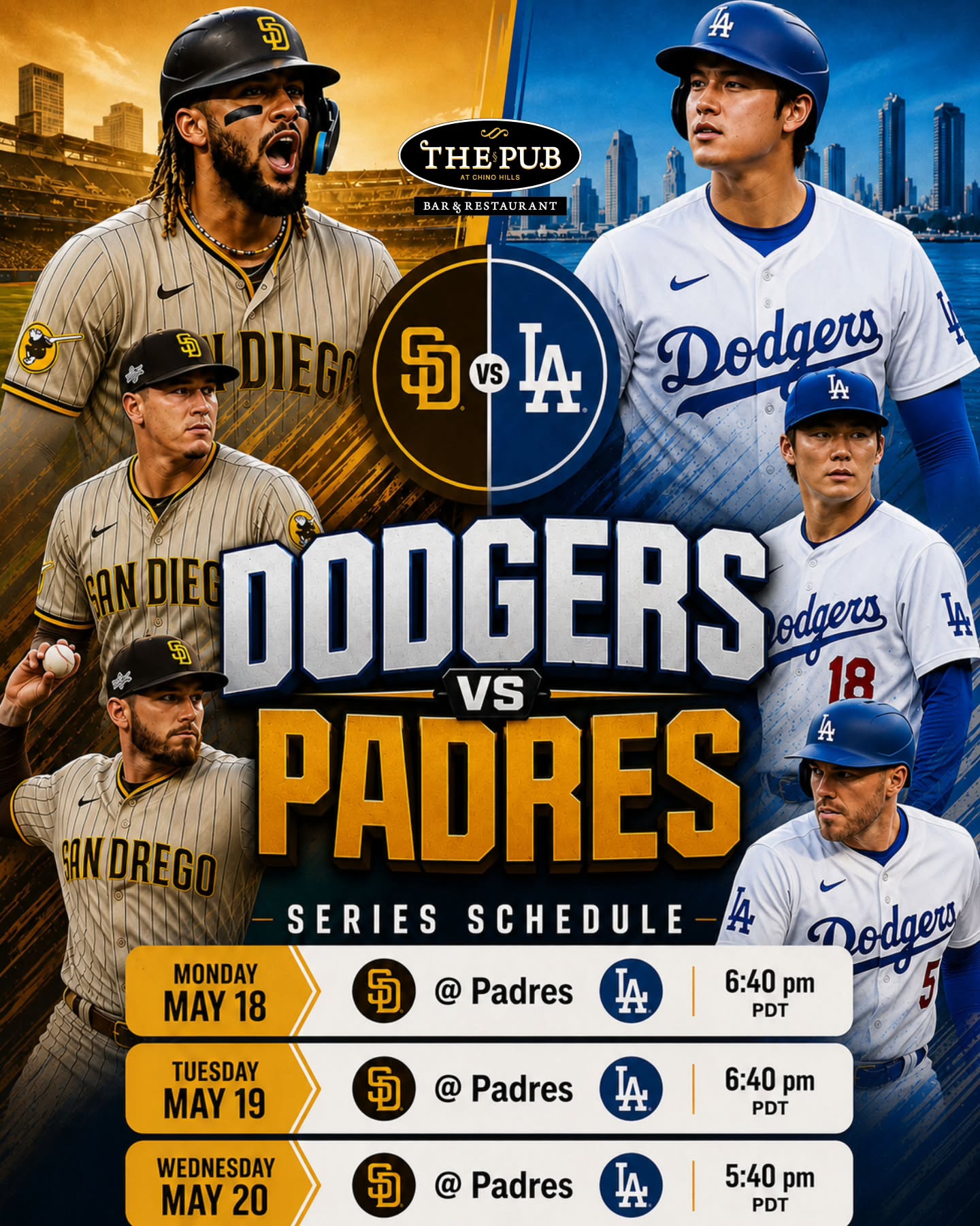 Big screen. Cold drinks. Unrivaled atmosphere. ⚾️🔥
The Dodgers and Padres clash this week, and The Pub is your ultimate game-day destination! Gather your crew, order up your favorite pub eats, and let’s see who takes the series!
🗓️ Catch the Action:
Monday, May 18 | 6:40 PM PDT
Tuesday, May 19 | 6:40 PM PDT
Wednesday, May 20 | 5:40 PM PDT
See you at the bar! 🍻
#ThePub #ChinoHills #DodgersNation #PadresBaseball #SoCalSports