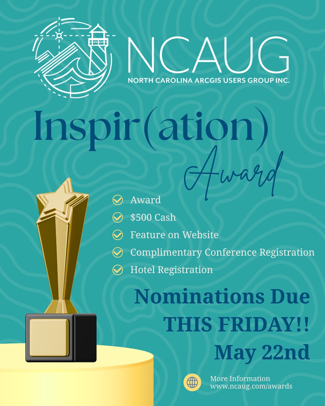 ๐ Final Reminder: Inspir(ation) Award Nominations Close Soon! ๐
Do you know a GIS professional who has inspired others through leadership, mentorship, and dedication to the North Carolina geospatial community? The NCAUG Inspir(ation) Award recognizes individuals who have made a lasting impact on our fieldโnot only through their work, but through the way they support and uplift others.
This is your chance to recognize the GIS rockstars who lead with both knowledge and character ๐๐บ๏ธ
๐
Nomination Deadline: May 22
๐ Submit your nomination through the NCAUG website: https://www.ncaug.com/awards