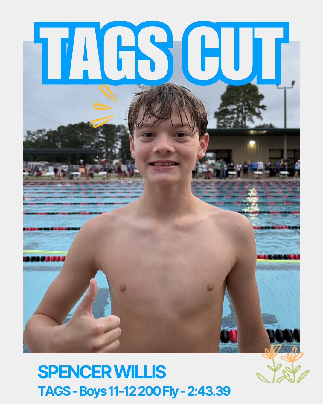 TAGS cut alert! Spencer got his TAGS cut in the 200 Fly at this weekend’s fleet summer classic. Way to go, dude!! 💙🧡