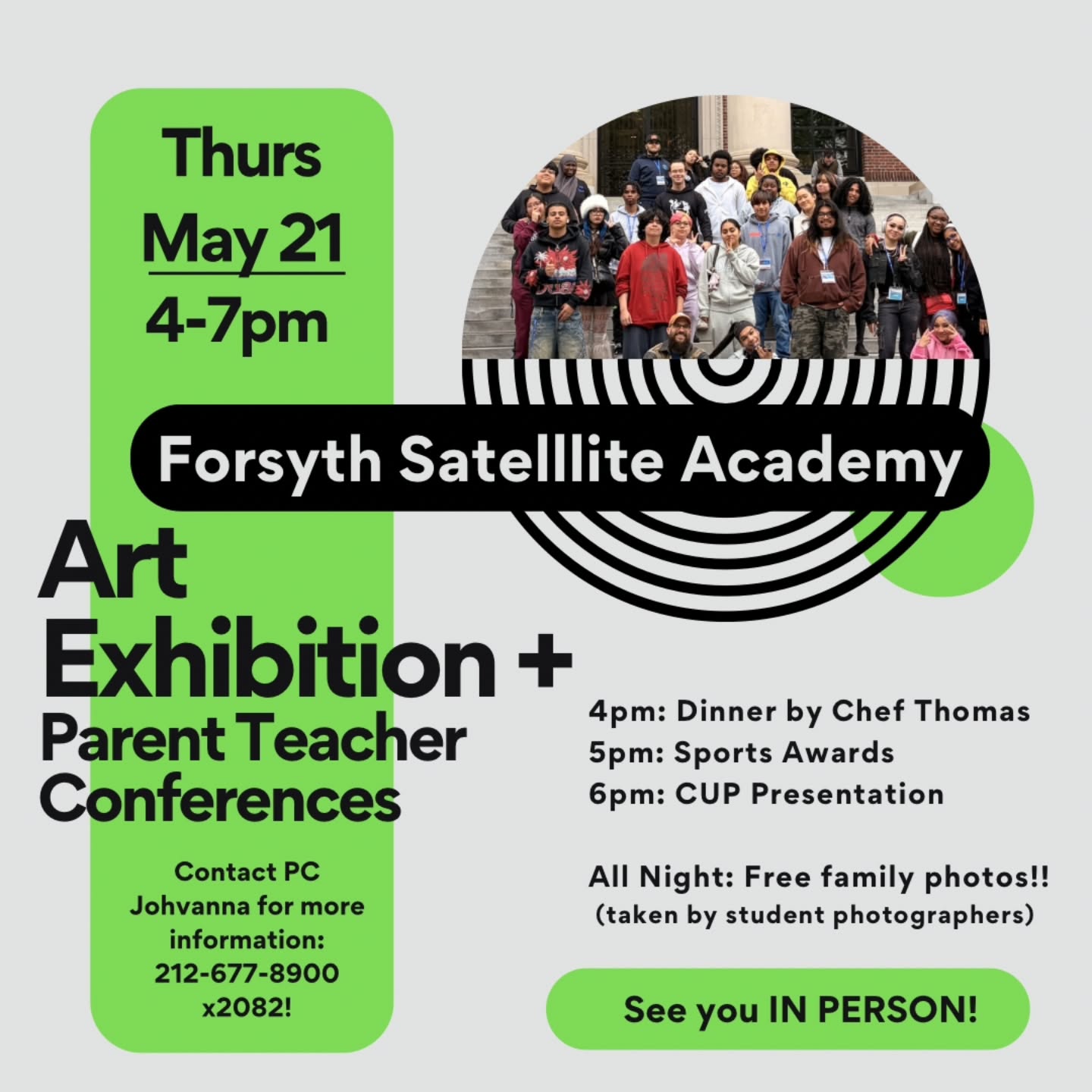 Our Art Exhibition and Parent Teacher Conferecces will be held this Thursday from 4pm to 7pm. This is great opportunity to see and celebrate our students work, and meet with teachers to further discuss your child's progress. There will also be an opportunity to take family photos, a dinner prepared by Chef Thomas, and a sports awards ceremony to recognize our students athletes.
#artexhibit #sportsawards #parentteacherconference #thursday #forsyth