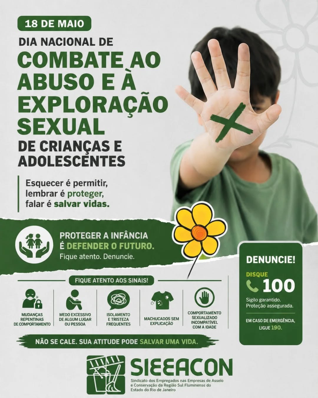Proteger a infância é defender o futuro! Neste 18 de Maio, reforçamos a importância de estarmos atentos aos sinais: mudanças repentinas de comportamento, isolamento ou medo excessivo de locais e pessoas podem ser alertas.
Falar é salvar vidas.
Não se cale!
📞 Disque 100 (Sigilo garantido e proteção assegurada)
🚨 Emergências: Ligue 190
O SIEEACON VR apoia esta causa. Quem protege, cuida! 🌼
#18DeMaio #FaçaBonito #FiqueAtentoAosSinais #SIEEACON #Disque100 ProteçãoInfantil