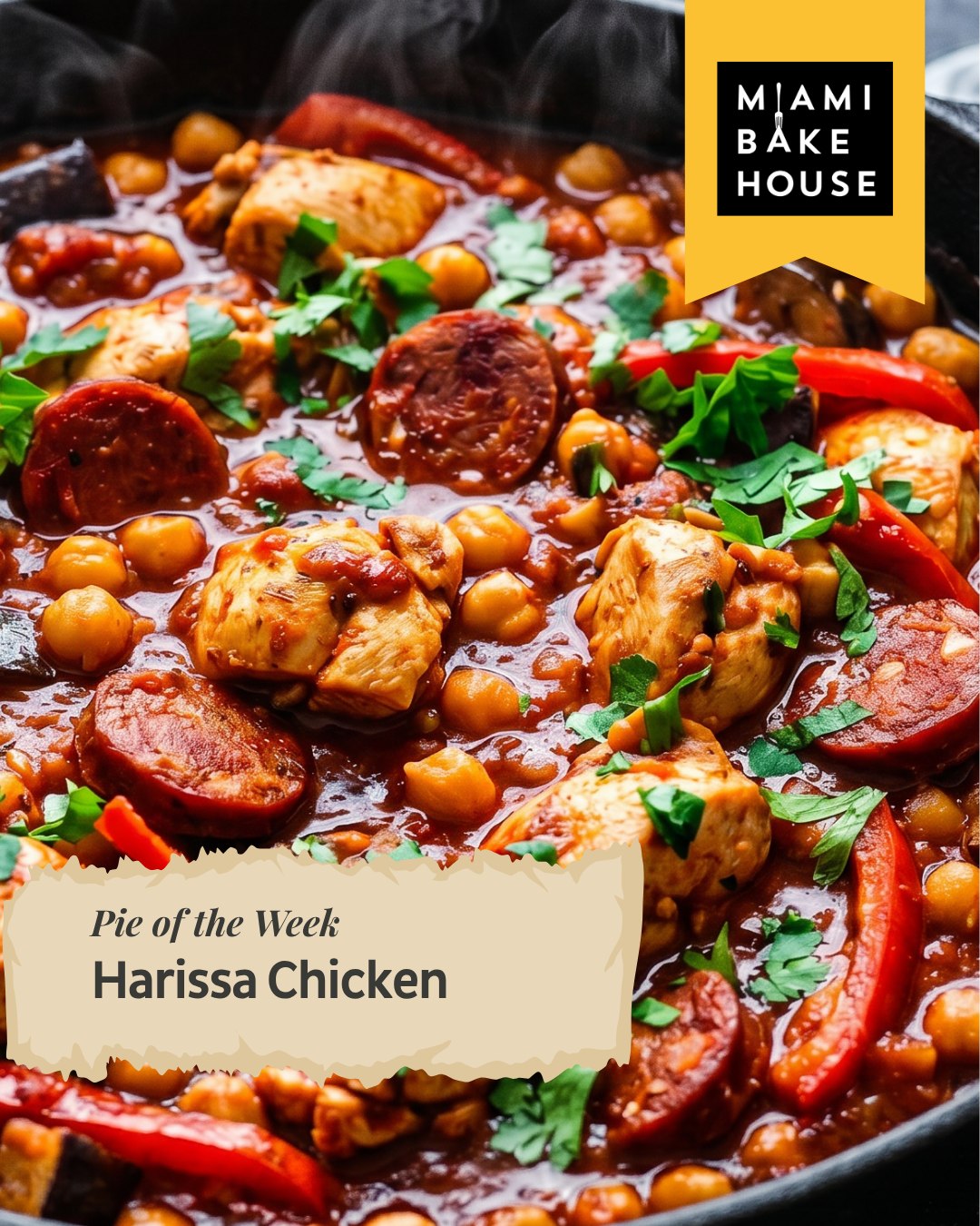 This week's pie of the week is inspired by the bold, smoky flavours of North African cuisine, where fiery harissa paste is a beloved kitchen staple.
Our Harissa Chicken Pie is mouth-watering and bursting with flavour! Our baking team starts by sautéing shallots, garlic, chickpeas, aubergines and peppers until lightly browned, before tossing in diced chicken breast, sliced chorizo, harissa paste, tomatoes, paprika and stock. The hearty tomato base is perfectly complemented by exotic harissa spice and finished with fresh Mediterranean herbs for an explosion of flavour. Delicately wrapped in our signature shortcrust pastry and topped with crisp puff pastry.
Hurry down to your local Miami Bakehouse before Monday the 25th of May to get your hands on the Harissa Chicken Pie today.
https://www.miamibakehouse.com.au/pies
#Pieoftheweek #Miamibakehouse #Awardwinningbakery #Awardwinningpies #Bakingthingsbetter #Handmadepastry #Harissachickenpie