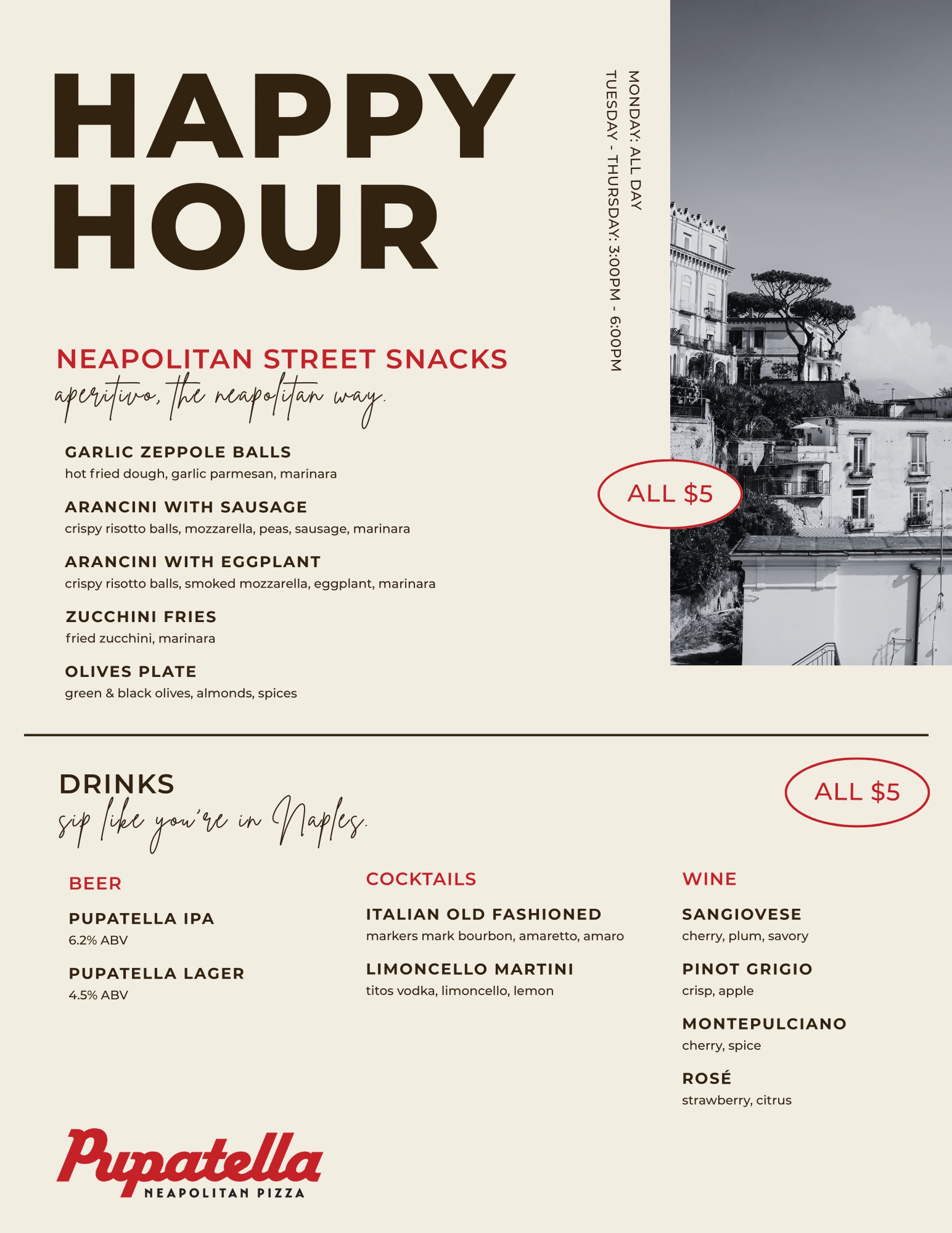 Our new happy hour menu is something you’re going to want to check out!! Everything is $5… all day Monday & 3-6pm Tuesday through Thursday 🍷🍺