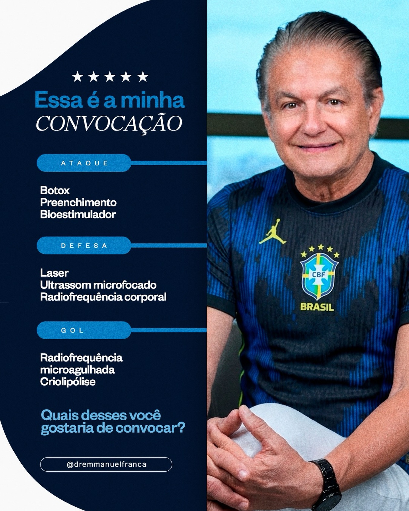 No gerenciamento do envelhecimento, não existe jogador sozinho. ⚽
Resultados naturais e inteligentes acontecem quando diferentes tratamentos atuam em conjunto: alguns estimulam colágeno, outros melhoram textura, firmeza, contorno ou ajudam na prevenção do envelhecimento.
Cada tecnologia tem sua função dentro do plano.
O segredo está em saber montar a estratégia certa para cada paciente, respeitando individualidade, momento da pele e objetivos.
Porque envelhecer bem também é sobre ter uma boa convocação. 😉
Dr Emmanuel França
Dermatologista
CRM 5999
RQE 636
📍Skin Prime - Riomar Trade Center - Torre 3 - Sala 1905
☎️ (81) 3036-4040