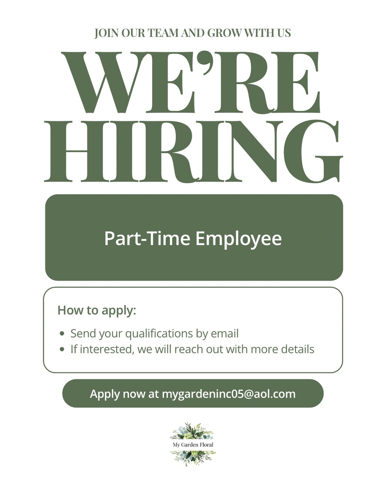 *Position is filled as of June 2026!*
Join our team and grow with us!! ☺️
We’re hiring a part-time employee at our florist shop in Glenshaw, PA!!
To apply, email us your qualifications at mygardeninc05@aol.com
If interested, we will reach out with more details.
Please share this post on your social media to expand our reach! Thank you!! 💚🤍 - My Garden Floral Team
#mygardenfloral #florist #pittsburgh #hiring #parttime