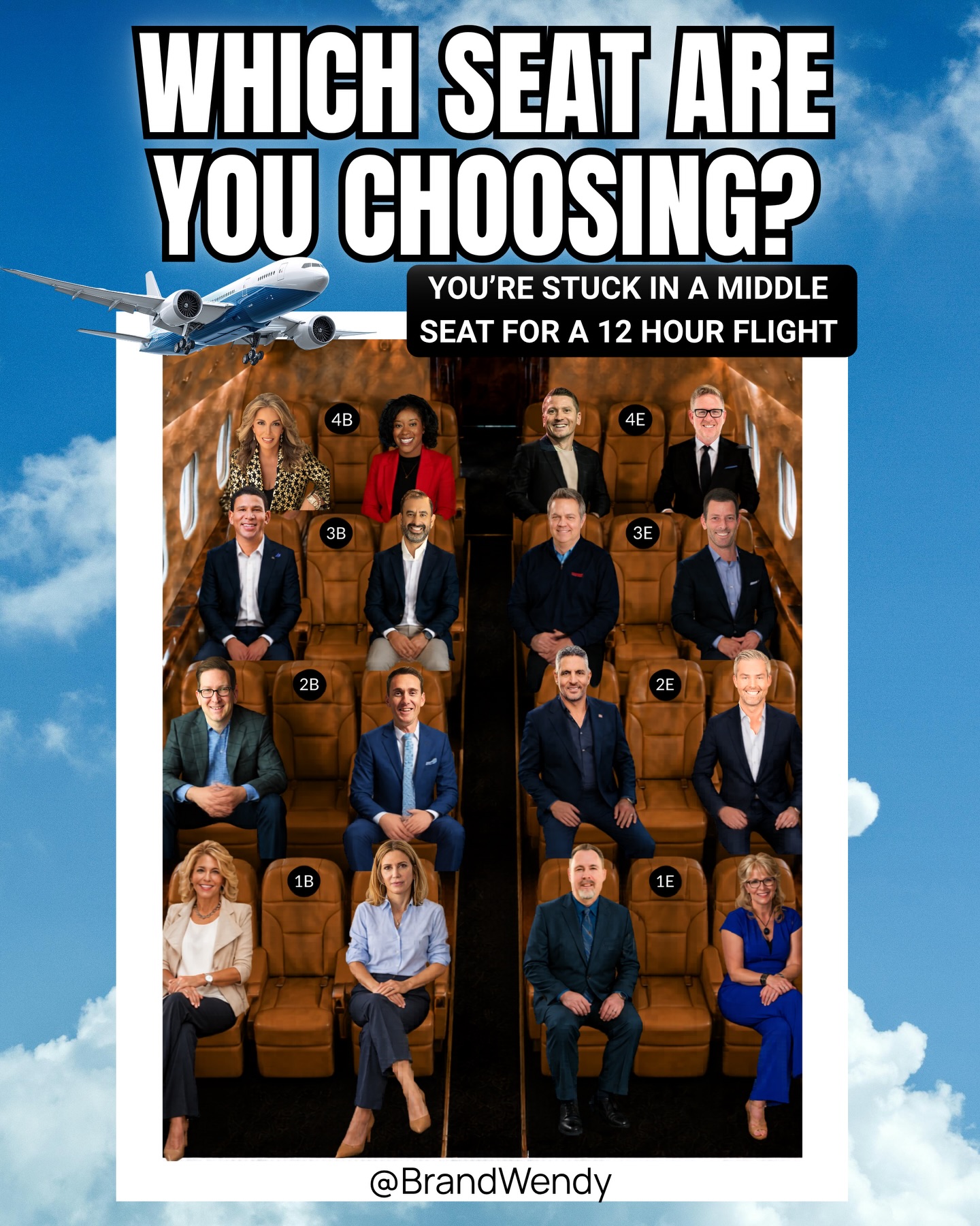 You just boarded a flight on Real Estate Air and there are only middle seats left. Which seat are you choosing? #realestateleaders #realestatehumor #midderow
