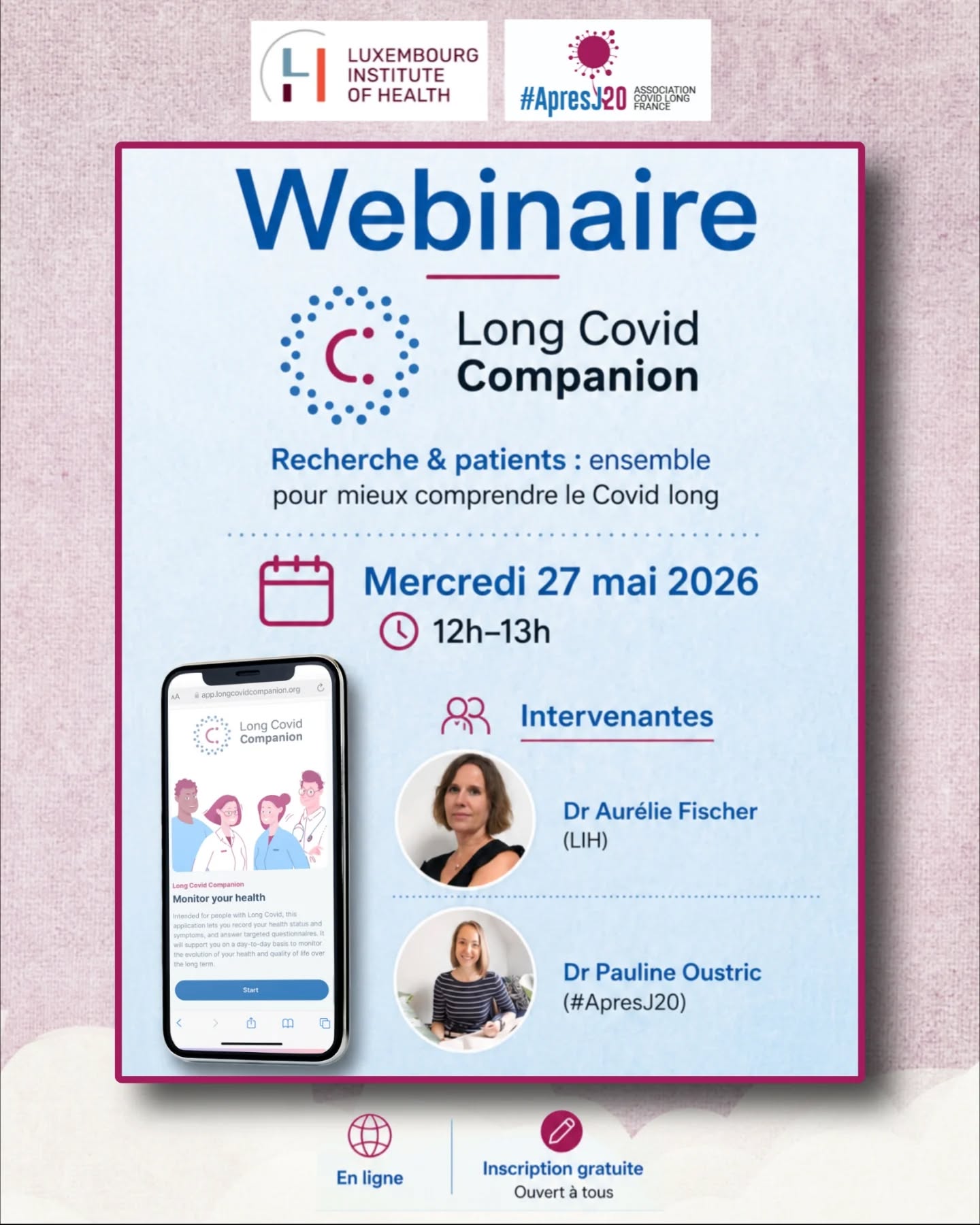 🧵Webinaire #CovidLong #LongCovidCompanion
Le Luxembourg Institute of Health @lih_luxembourg et l’association #ApresJ20 organisent un webinaire :
“La recherche à la rencontre des patients : exemple de l’application Long COVID Companion”
🤝Une initiative co-construite chercheurs–patients autour du Covid Long.
🗓️Mercredi 27 mai 2026
🕛 12h–13h
Un webinaire d’1h pour découvrir le projet et échanger directement avec les équipes.
Au programme :
➡️Démonstration en direct de l’application
➡️Recueil des besoins patients
➡️Retours d’usage en conditions réelles
Une approche centrée sur l’expérience vécue.
🔬Focus recherche :
Une étude intégrée (lancée fin 2025) explore le développement de biomarqueurs vocaux associés aux symptômes fréquents du CovidLong.
📊Nous présenterons les premiers résultats issus des données de l’application :
➡️Lien entre activité physique et symptômes
➡️Analyse des trajectoires et variations individuelles
Des données issues du vécu réel des patients.
👩⚕️👩🏼⚕️Présentation par :
Dr Aurélie Fischer (LIH)
Dr Pauline Oustric (ApresJ20)
💬Une session de questions-réponses clôturera le webinaire.
🔗Inscription
https://mylih.webex.com/weblink/register/r5bbfd2174b917af6e5a526d4f555de81
🔗Poser des questions :
https://docs.google.com/forms/d/e/1FAIpQLSeqCQDJ0oRQvOOwE-3pougGCsXMjONUoXsg7ORm64_6JKbEtg/viewform?usp=publish-editor
Un temps d’échange pour rapprocher recherche, soins et vécu des patients.
#CovidLong #LongCovidCompanion
